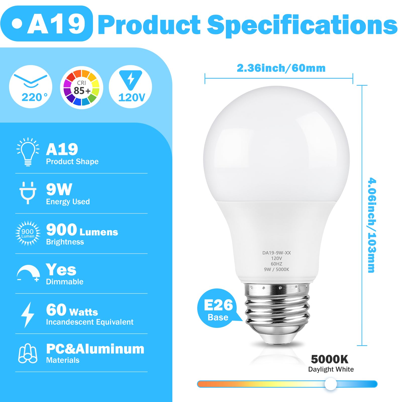 Maylaywood A19 Led Light Bulb Dimmable, 60 Watt Equivalent, 5000K Daylight White, 900Lm, E26 Base, 9W Bright White, 30-Pack