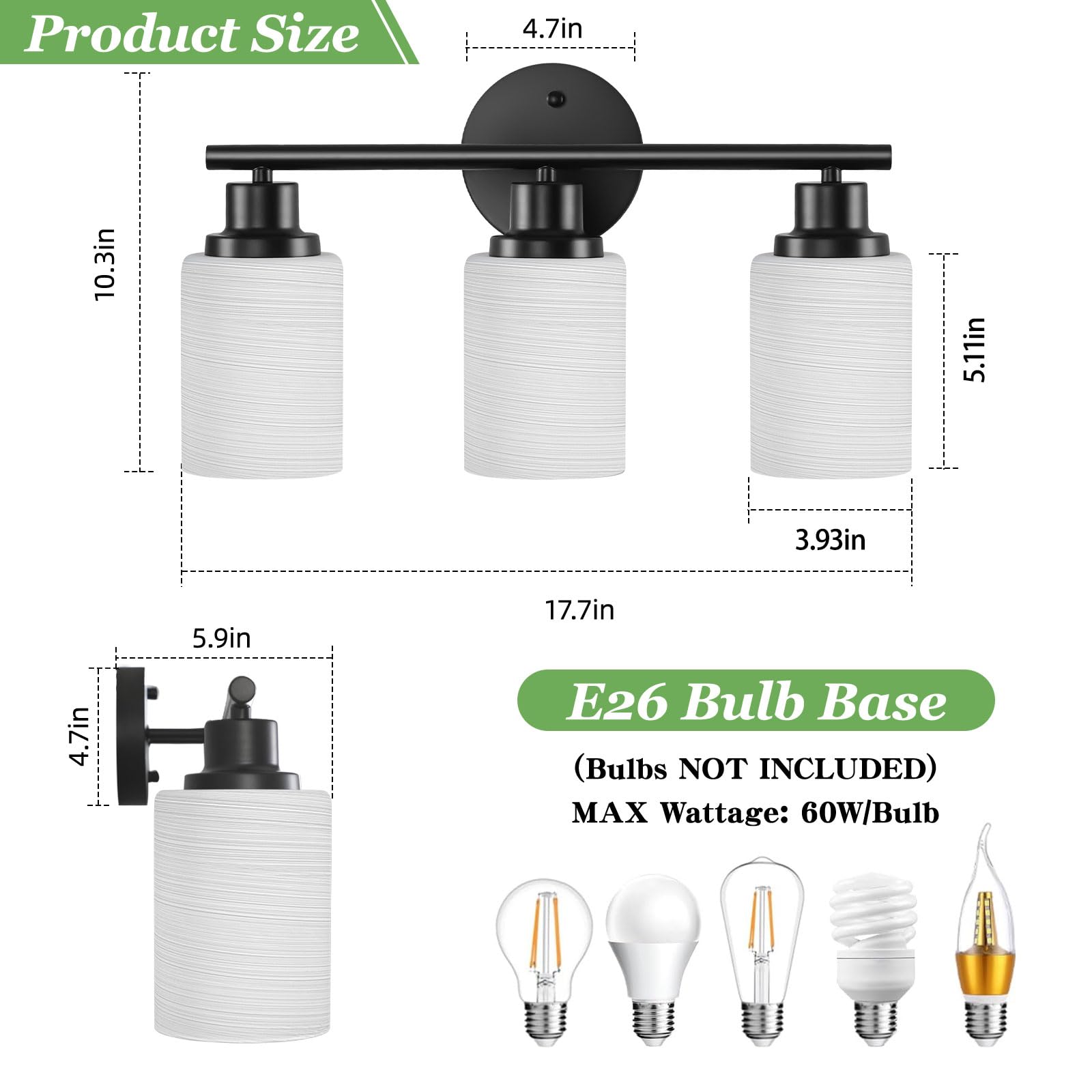 Guliaofo 3-Light Bathroom Vanity Light Fixtures, Matte Black, Milky White Frosted Glass Shade, E26 Base, Model Gu-111-LWNBH-3