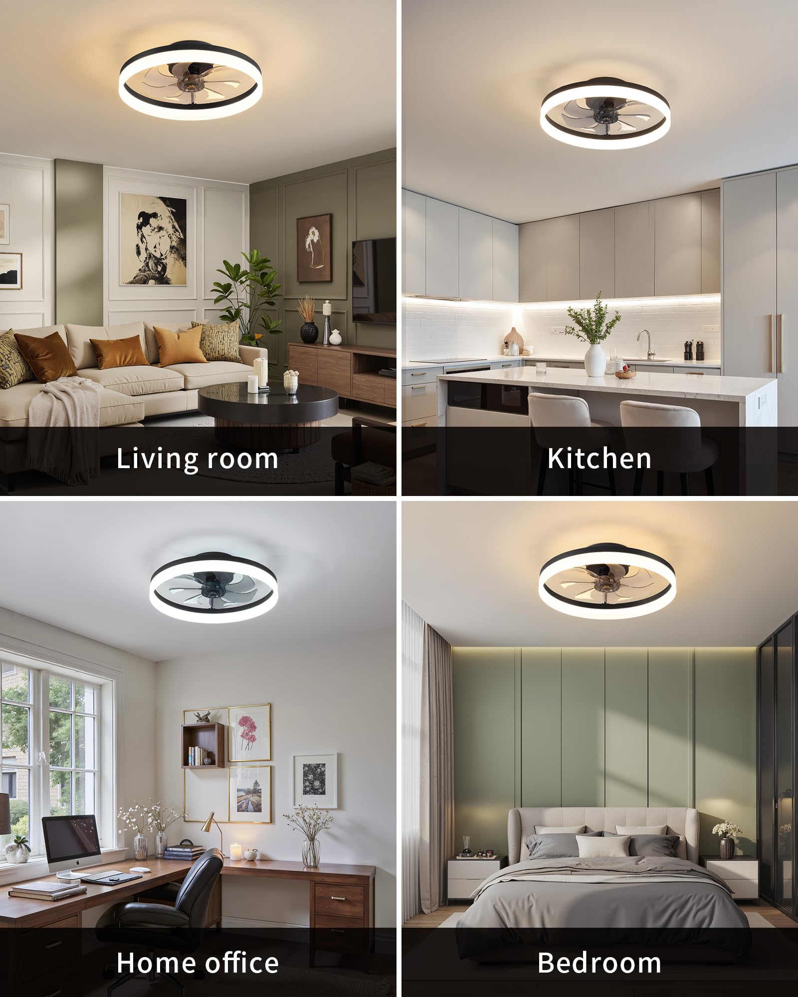 Pusu 19.7 Low Profile Led Ceiling Fans With Light  Reversible Flush Mount With Remote And 6 Winds Speeds Fan Lighting  3 Colors Dimmable For Bedroom  Living Room  Kids  Dinning Room  Kitchen (Black)