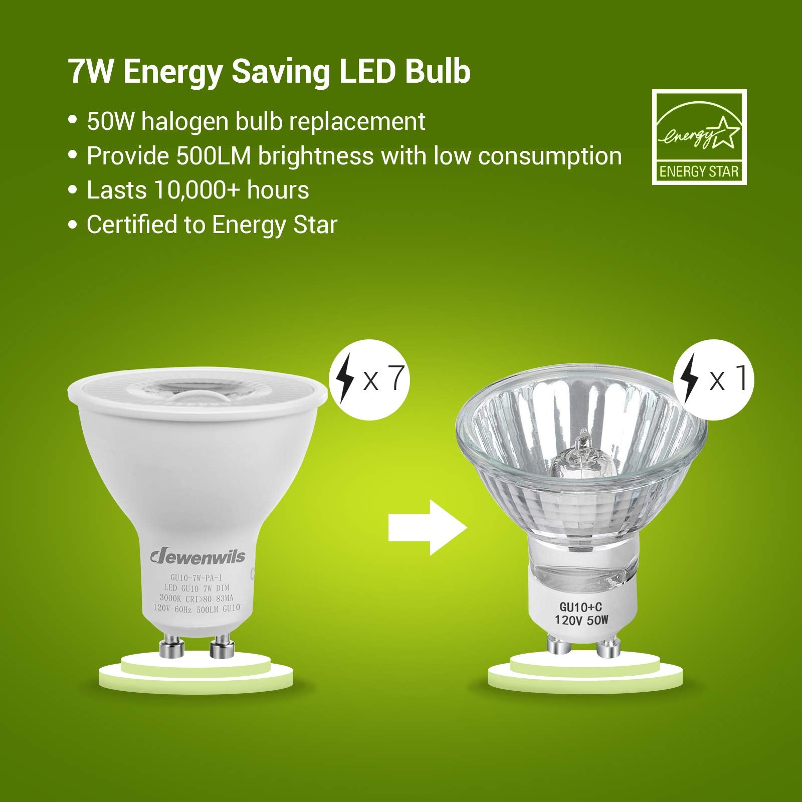 Dewenwils 6-Pack Gu10 Led Bulb Dimmable, 3000K Warm White Gu10 Bulb Replacement For Track Lighting, 500Lm, 7W(50W Equivalent) Led Light Bulb For Kitchen, Range Hood, Living Room, Bedroom, Ul Listed