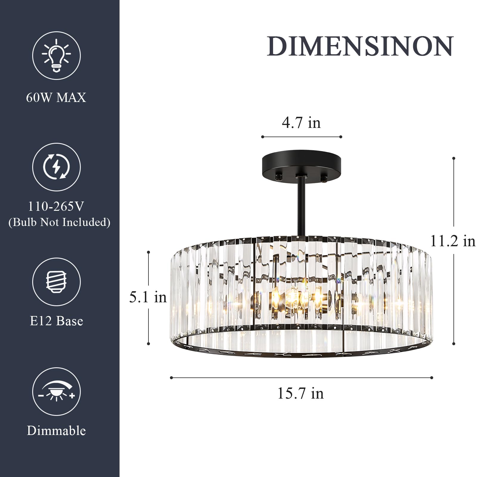 Pevfah Crystal Black Ceiling Light, Modern Semi Flush Mount Ceiling Lighting Fixture, Round Hallway Lighting Fixtures Chandelier