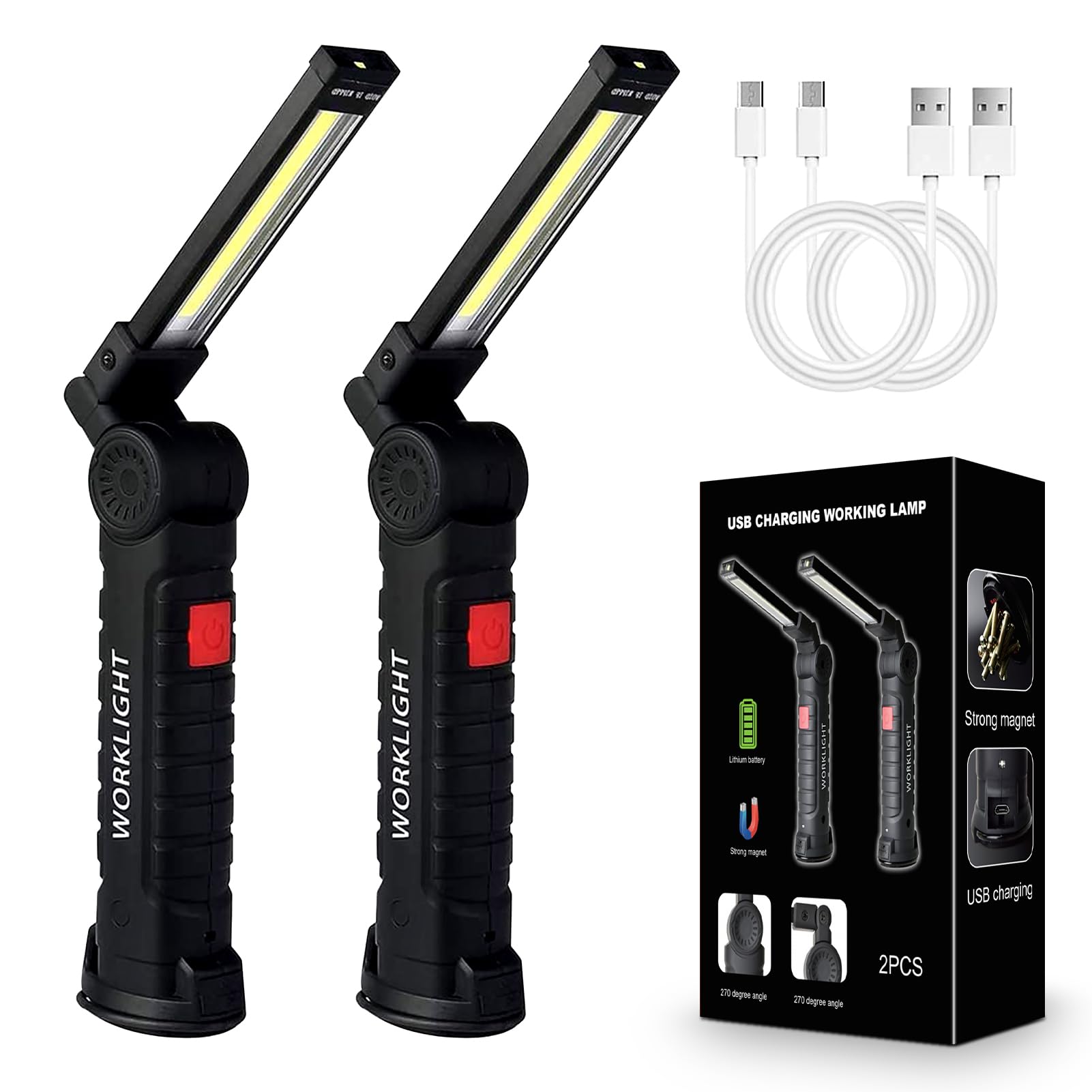 2Pack Led Work Lights, Usb Rechargeable Cob Light With Magnetic Base 360°Rotate And 5 Modes, Folding Flashlight Inspection Mechanic Light For Car Repairing, Workshop, Household And Emergency Use,Large