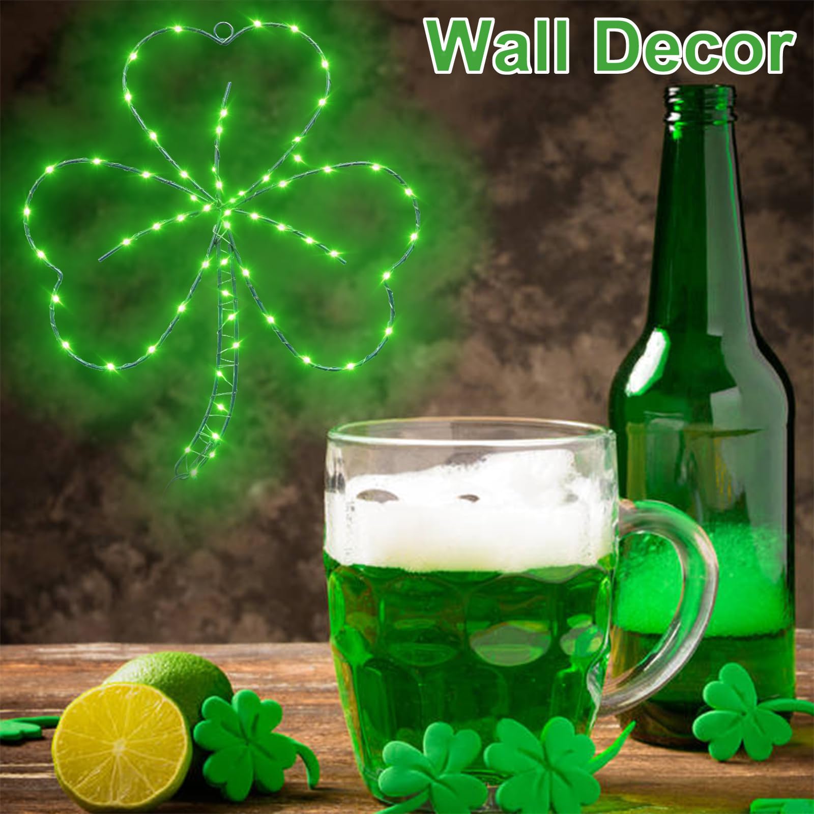St Patricks Day Decorations Accessories,Irish Shamrock LED Window Lights,13.2IN 58LED Green Iron Frame Silhouette Lights, USB Po