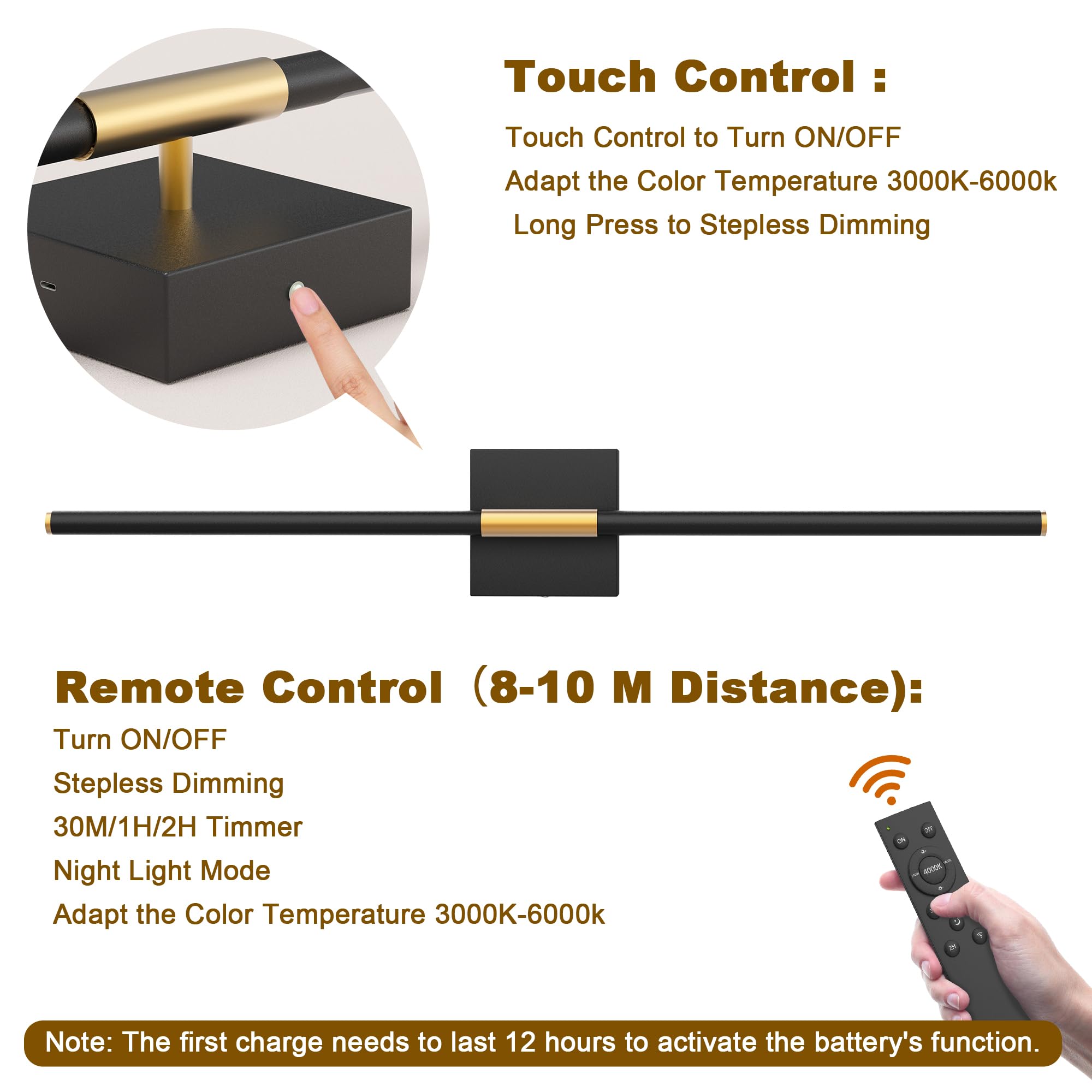 31.5 Inch Battery Operated Wall Sconce Set Of Two, 8000Mah Usb Rechargeable Wall Sconce With Remote Control, 360Rotate Dimmable