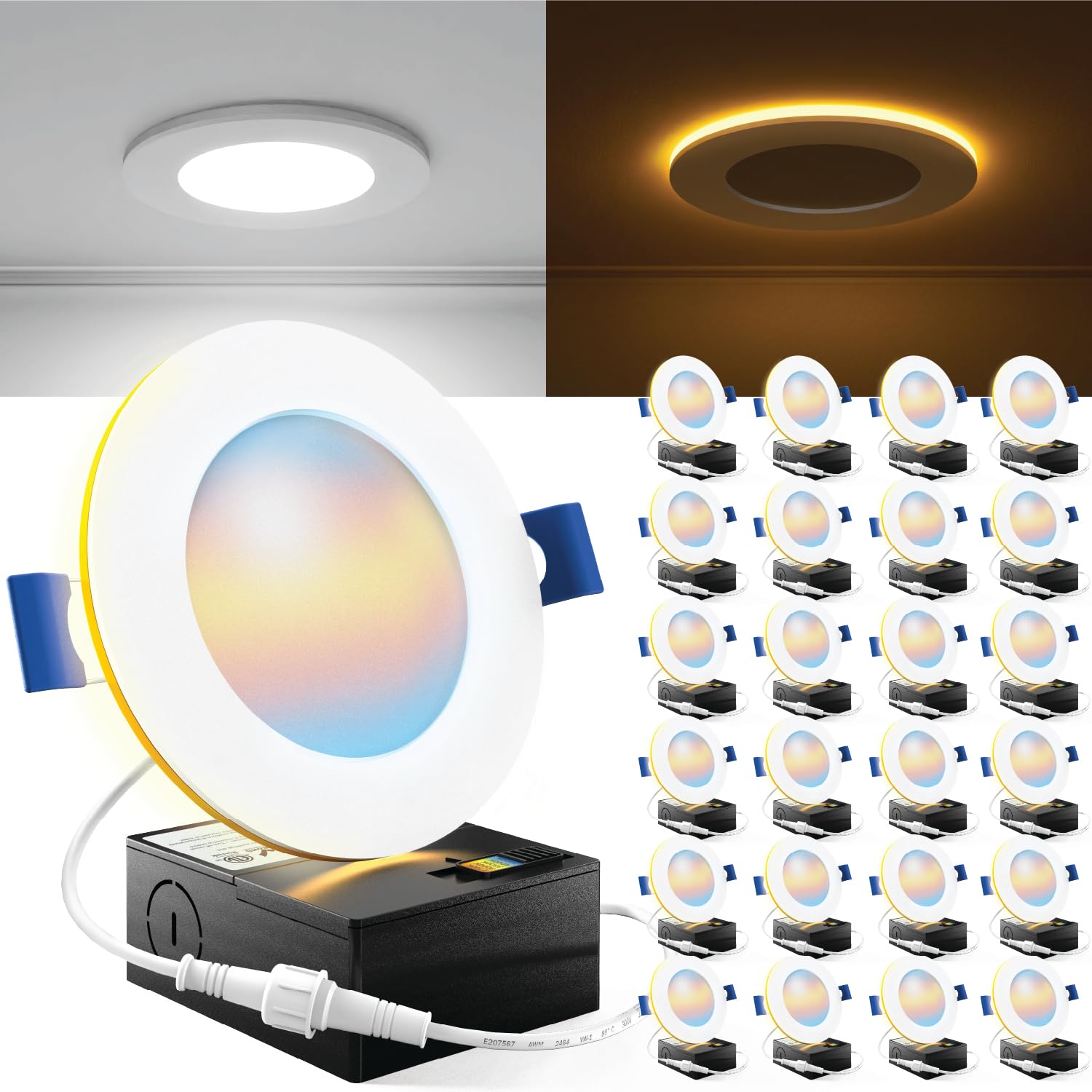 Sunco 24 Pack 4 Inch Ultra Thin Led Recessed Ceiling Lights Slim With Night Light, 900 Lm, Selectable Cct 2700K/3000K/3500K/4000K/5000K, Dimmable Canless With Junction Box
