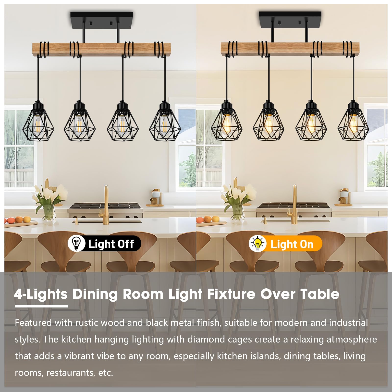 Feanron 4-Lights Farmhouse Wood Kitchen Island Lighting  23.6 Dining Room Light Fixtures Chandelier Over Table  Rustic Black Cage Pendant Lights Ceiling Hanging For Pool Table  Living Room  Hallway