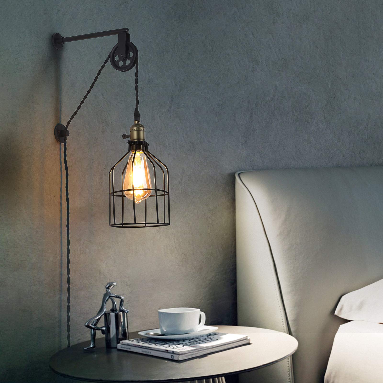 Injak Industrial Plug-In Wall Sconce, Adjustable Height Black Metal Cage Light For Home Decor