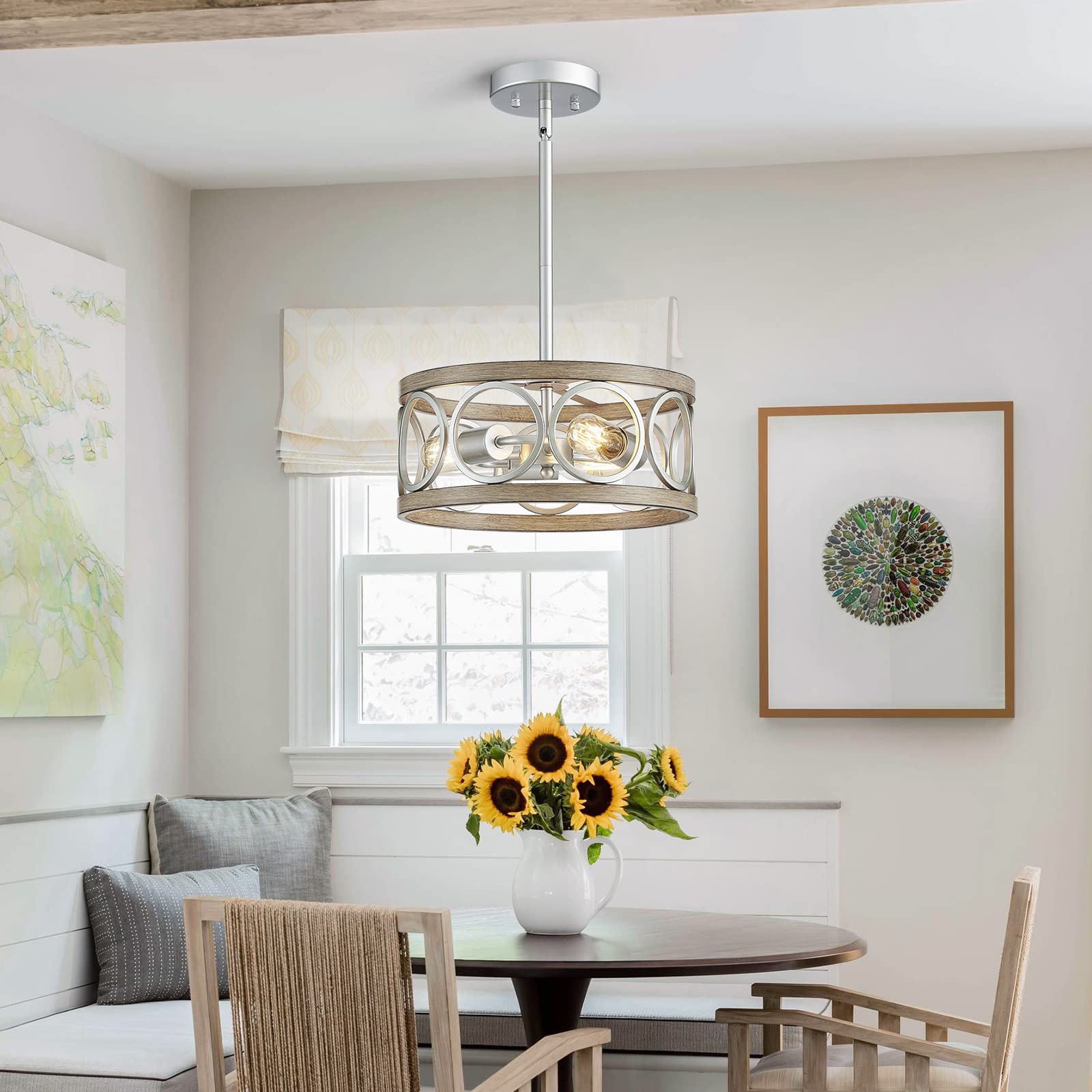 Xingqi Rustic Chandelier Brushed Nickel, Drum Chandeliers For Dining Room Modern Light Fixture Over Table Farmhouse Metal Wood Grain Pendant 5 Lights