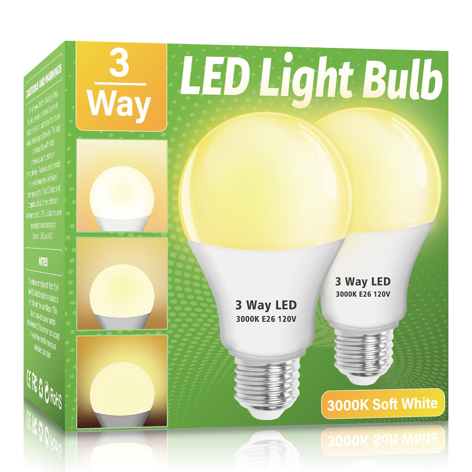 Wiyifada 3 Way Led Light Bulbs 2 Pack, 3 Way Light Bulbs 30 70 100 Soft White 3000K,E26 Medium Base A19 Three Way Light Bulb, In