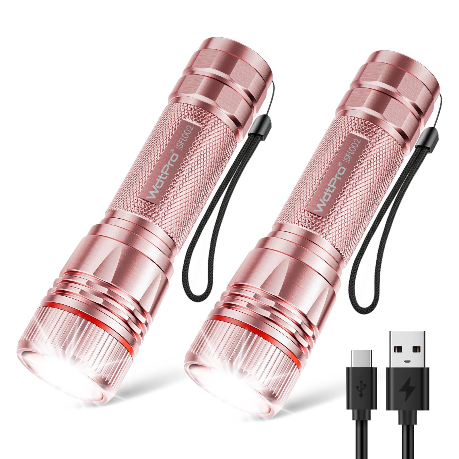 WdtPro Rechargeable LED Flashlights, Super Bright 2 Pack, Aluminum, 10H Runtime, Pink, Model SFL002