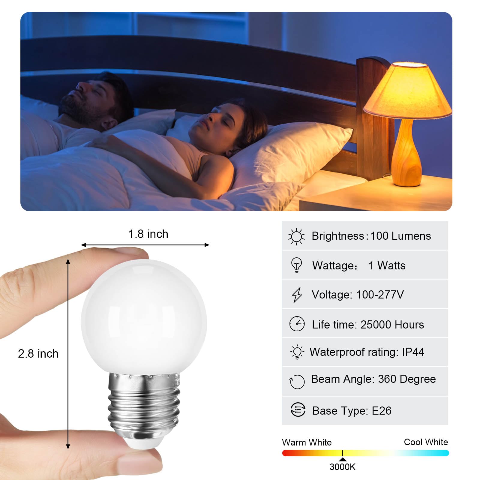 Taysing LED Night Light Bulb G14 1 Watt Soft White 12 Pack E26 Medium Screw Base 3000K