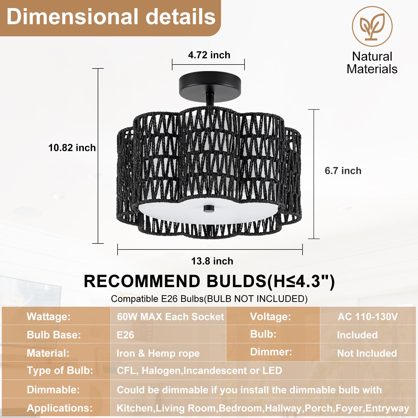 Tbaoinla Black Boho Ceiling Light Fixture | Handwoven Rattan Chandelier With Midnight Plum Blossom Design - Flush Mount Light Fo