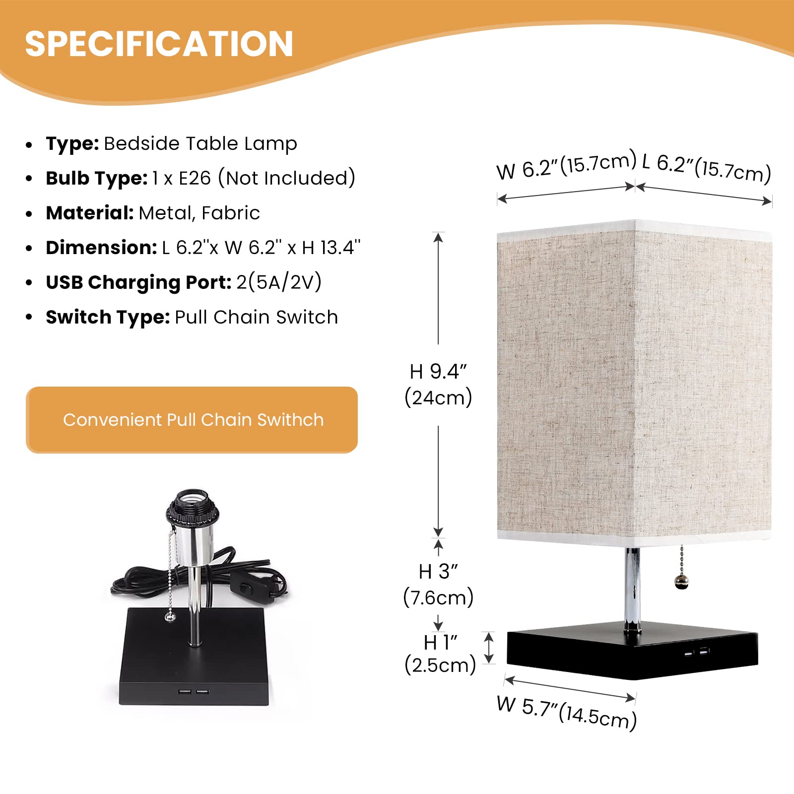 Siljoy Modern Bedside Table Lamp with USB Ports, Pull Chain Switch, Fabric Shade, Square, Black Base