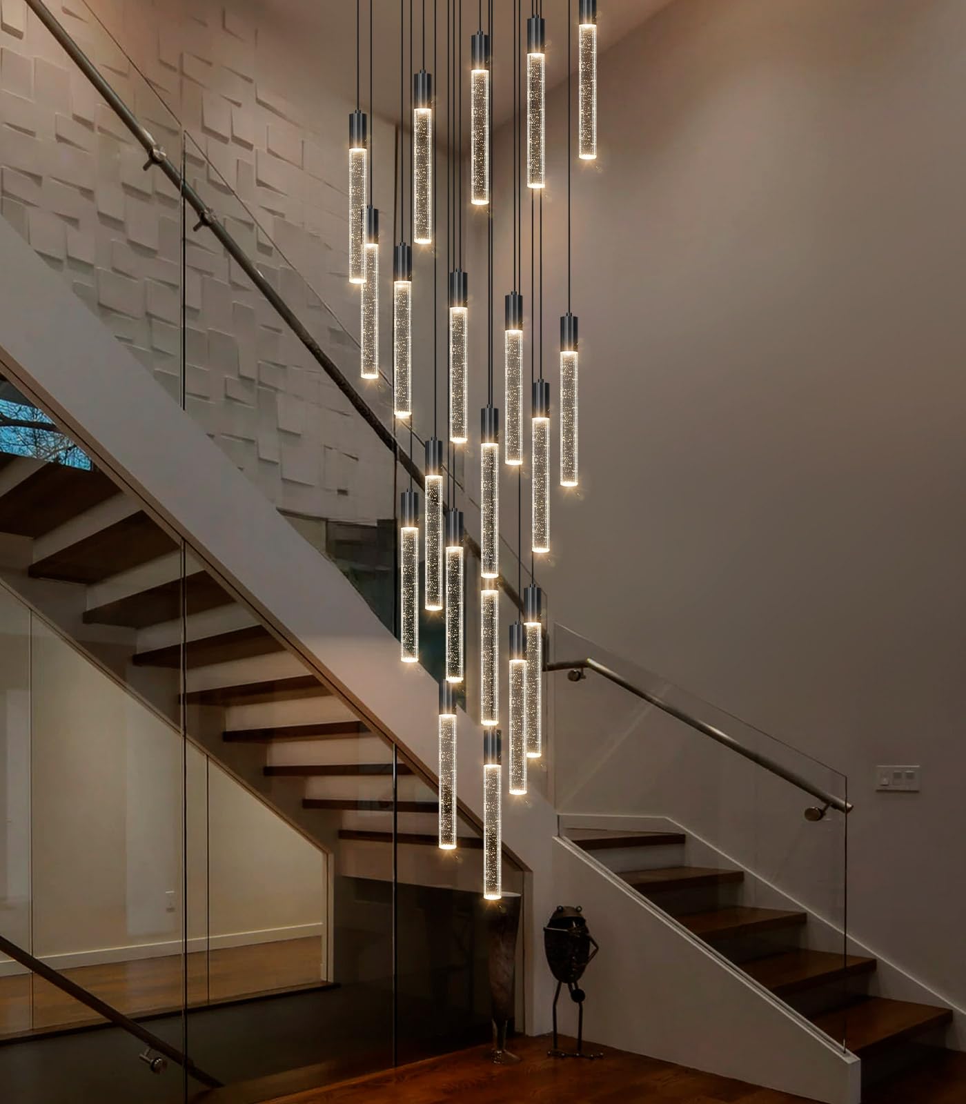 HAIXIANG 13FT High Ceiling Chandelier, Modern Crystal Pendant Light, 20-Lights, Black, Dimmable, Flush Mount for Living Room Foyer, Model MMQ3810