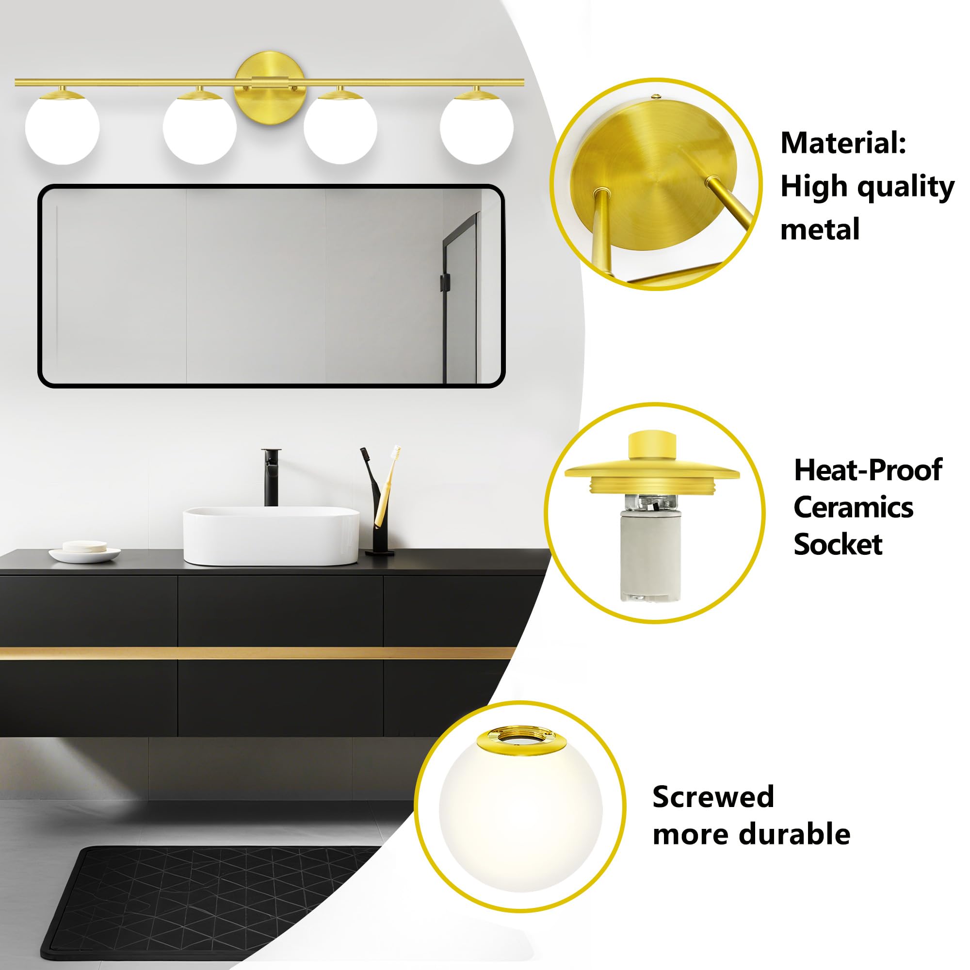 YHTlaeh Bathroom Vanity Light Fixture, Brushed Brass, Glass Shade, Modern Wall Sconce, Model 7710, Size 4T