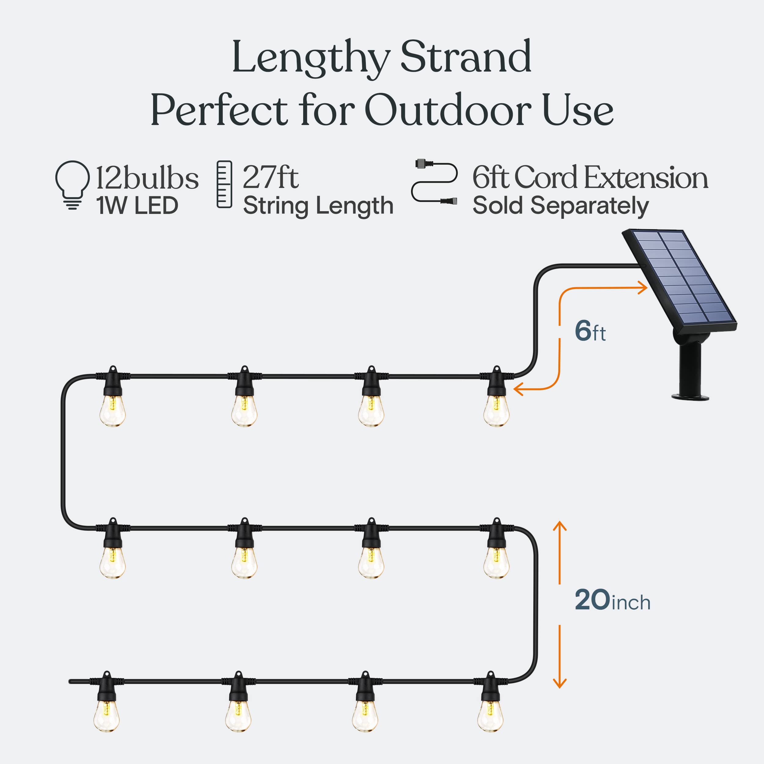 Brightech Ambience Pro Solar String Lights, 27ft, Waterproof, 12 Edison Bulbs, Shatterproof LED, Soft White