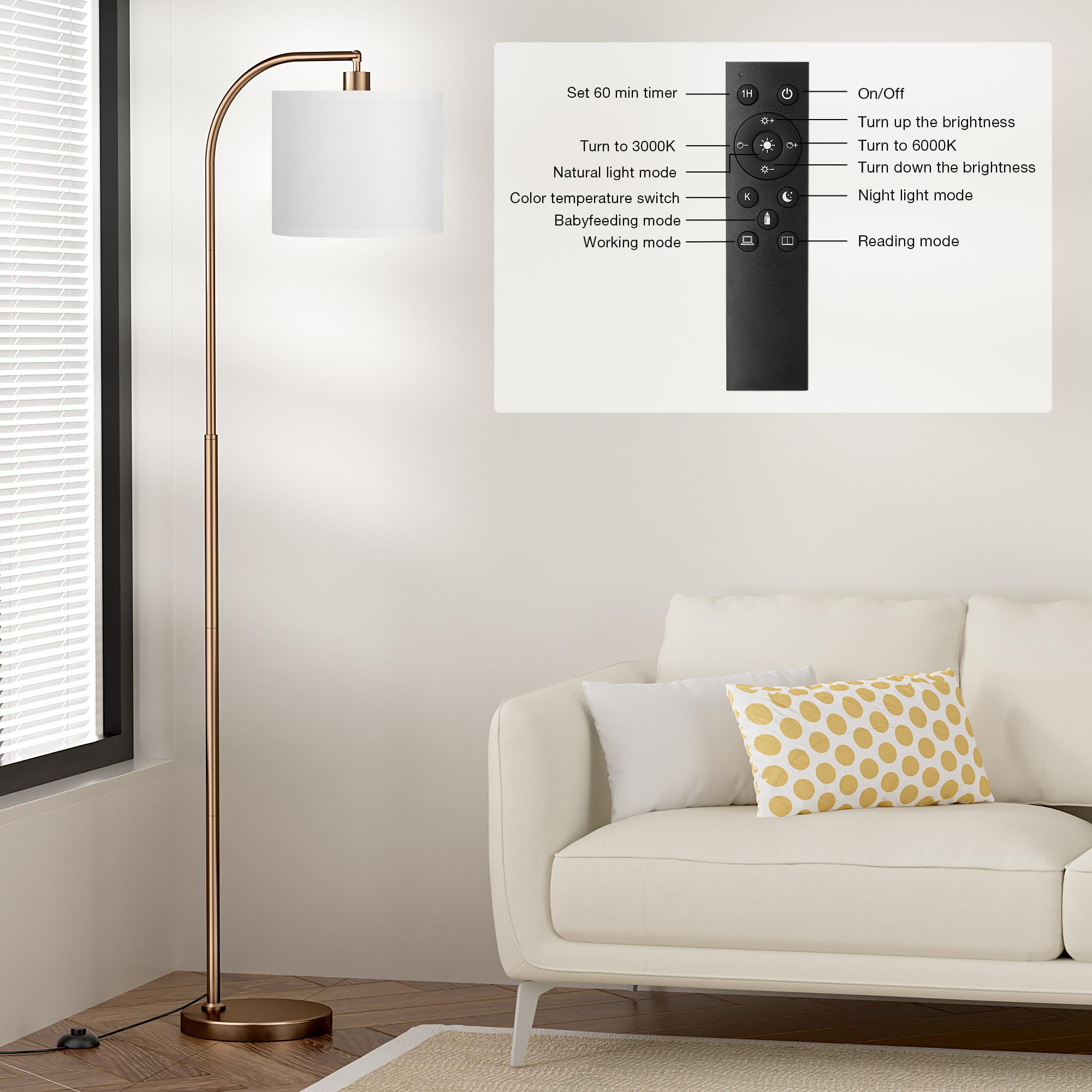 Arc Floor Lamp With Remote And Stepless Dimmable Bulb, Colors Temperature & Brightness Adjustable, Floor Lamps For Living Room(W