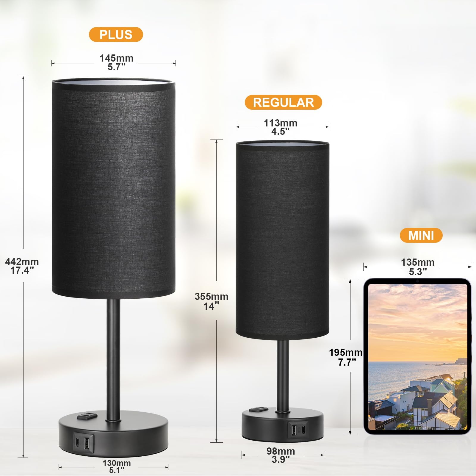 17.4Inches Tall Black Touch Table Lamps Set - 3 Way Dimmable Bedside Lamps With Usb C And A Ports, Small Lamps For Nightstand Wi