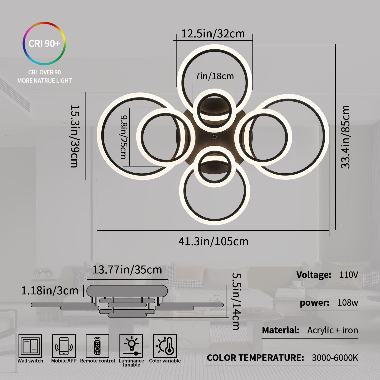 Shine Luest Dimmable Led Flush Mount Ceiling Light, 41.3&quot; Black Acrylic Lamp For Low Ceilings