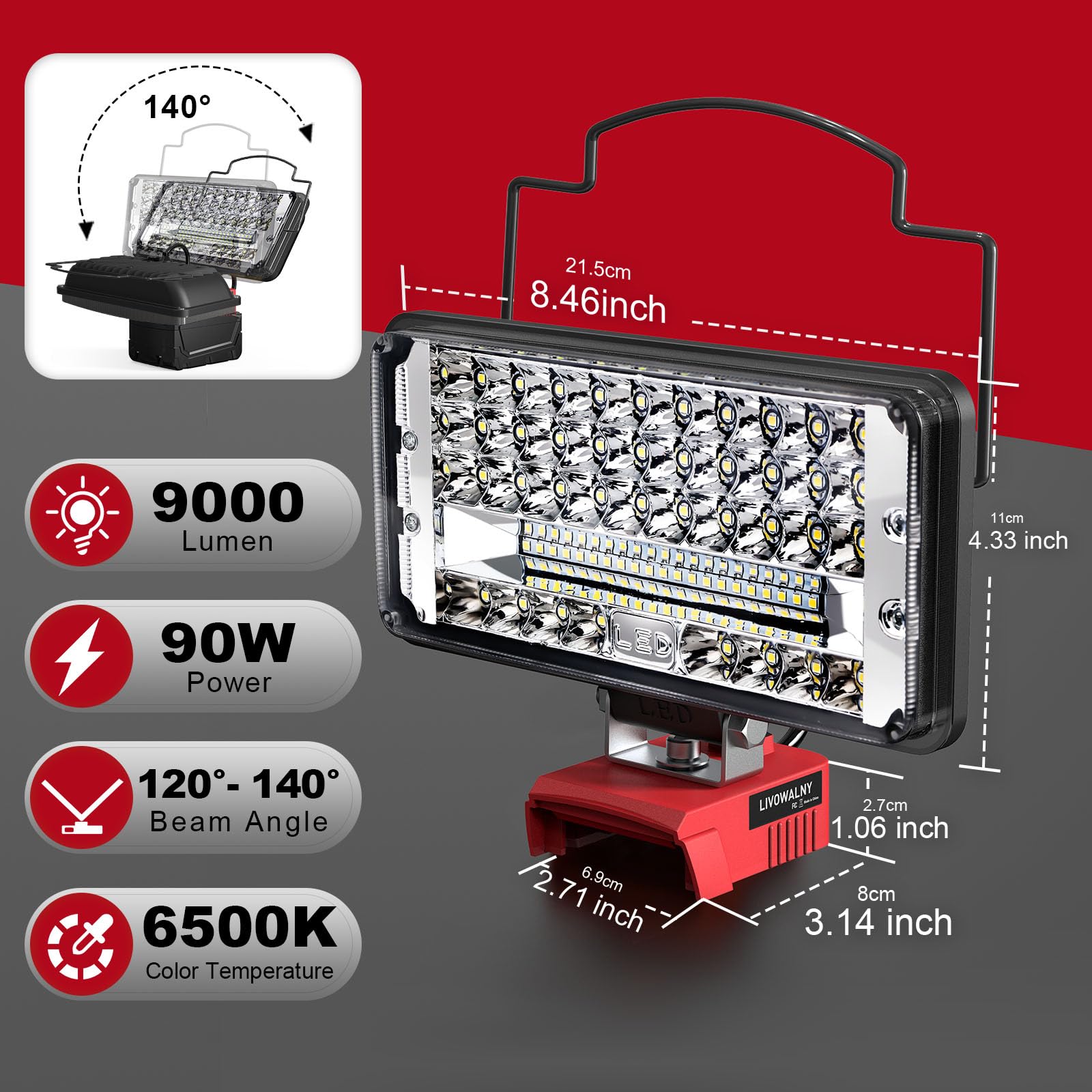 Livowalny Cordless Flood Light For Milwaukee 18V Battery, 90W 9000Lm 7'' 18V Light Portable Led Work Light With Usb & Type-C Cha