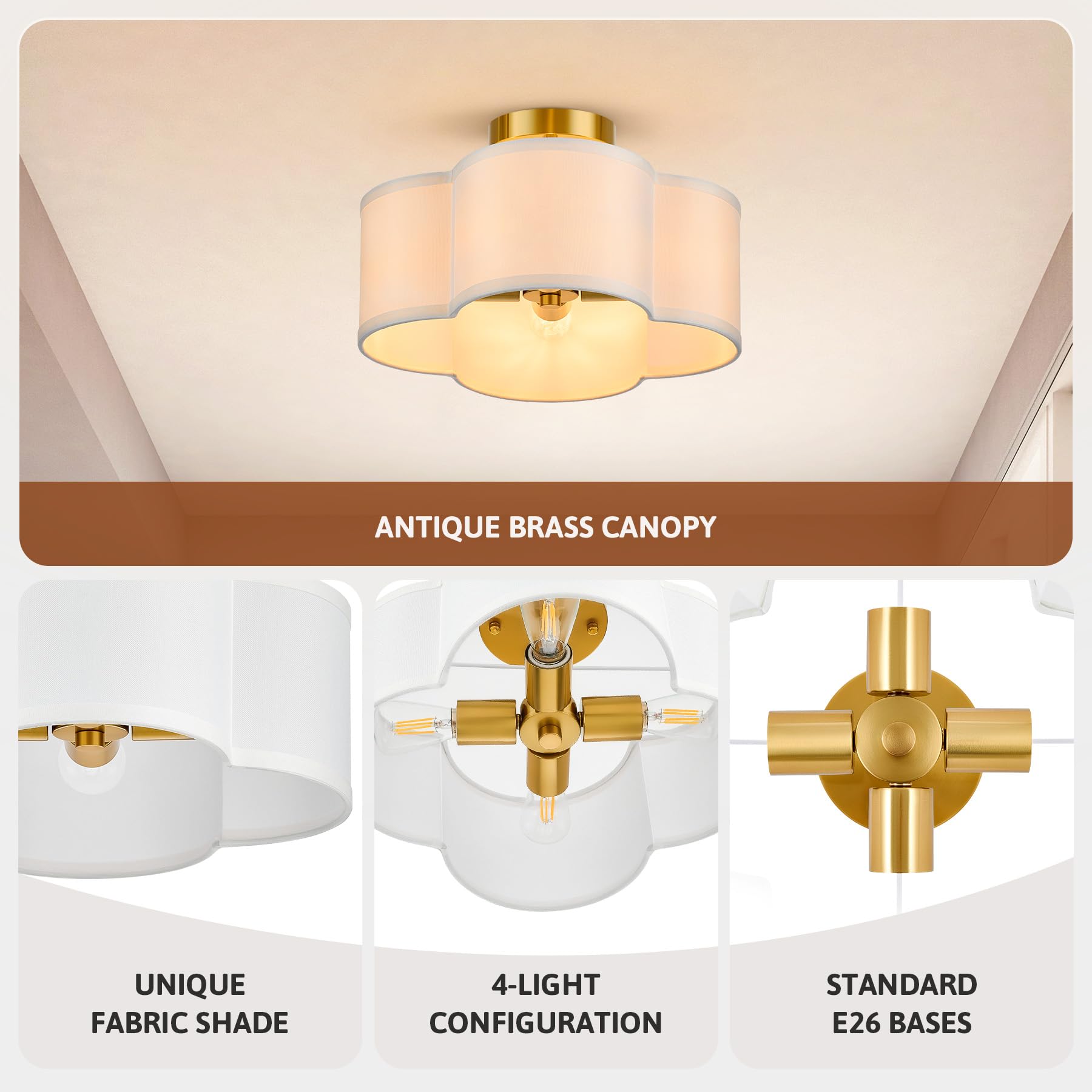 Vonluce Semi Flush Mount Ceiling Light, 13'' Ceiling Light Fixture With Four Leaf Clover-Shaped, 4-Light Modern Light Fixture Fo