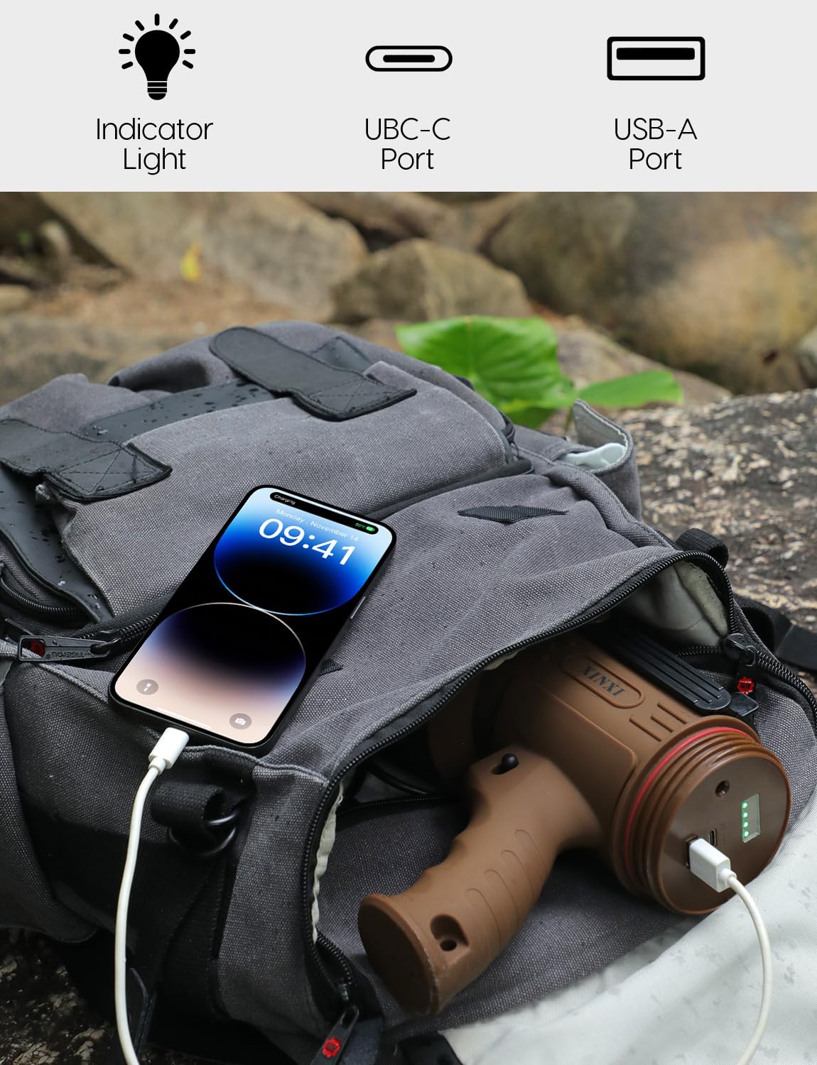 XINXI Rechargeable 1000000 Lumens Spotlight with COB Floodlight, 6 Modes, USB Charger, IP67 Waterproof, Model X-011BR, Brown