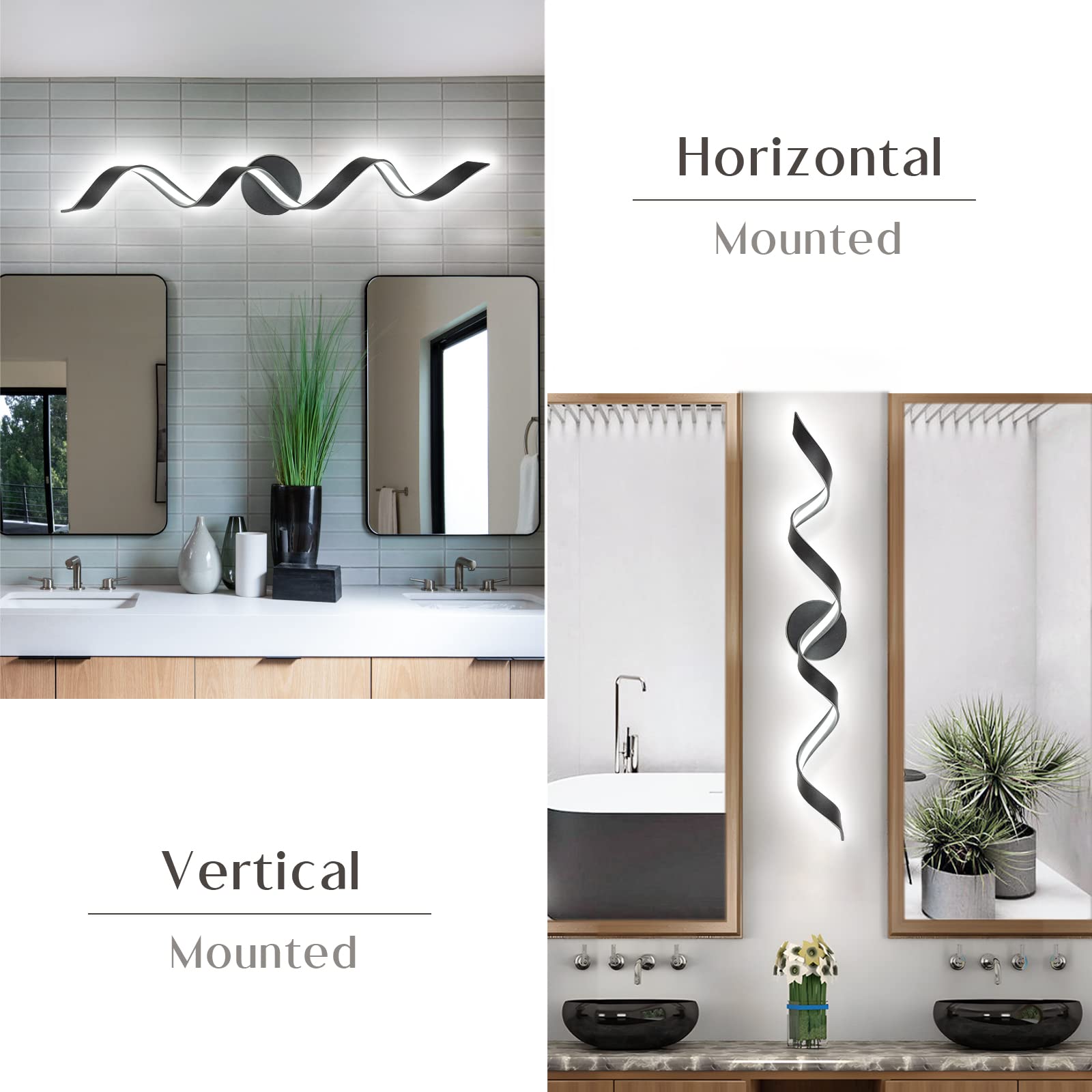 Huoku 32" Dimmable Led Bathroom Vanity Light, 20W Black Spiral Design, 6000K White Light