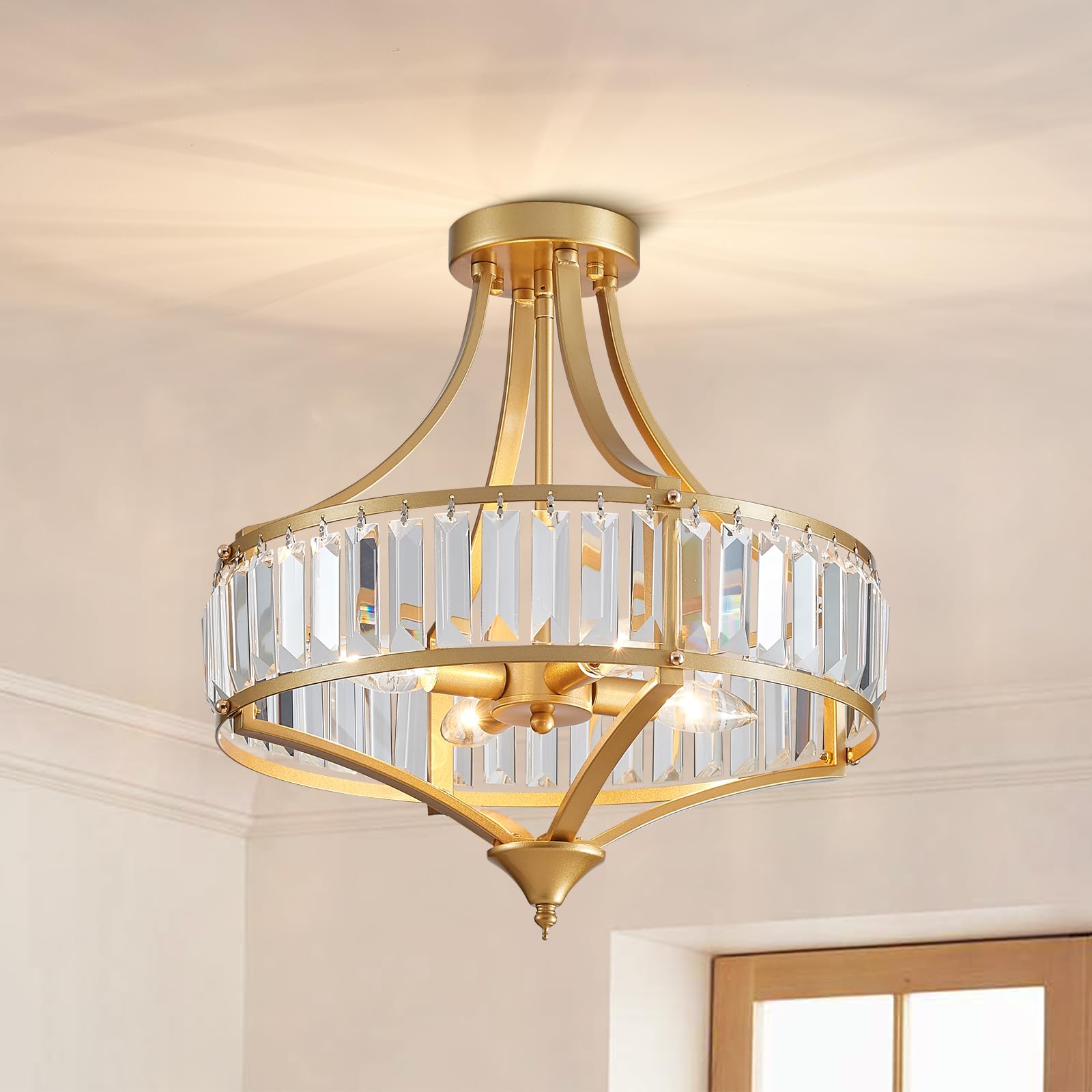 Avzkcy Modern Gold Crystal Chandelier 16 Inches Flush Mount Ceiling Light Fixtures 4-Light Rustic Round Dining Chandelier Suit F