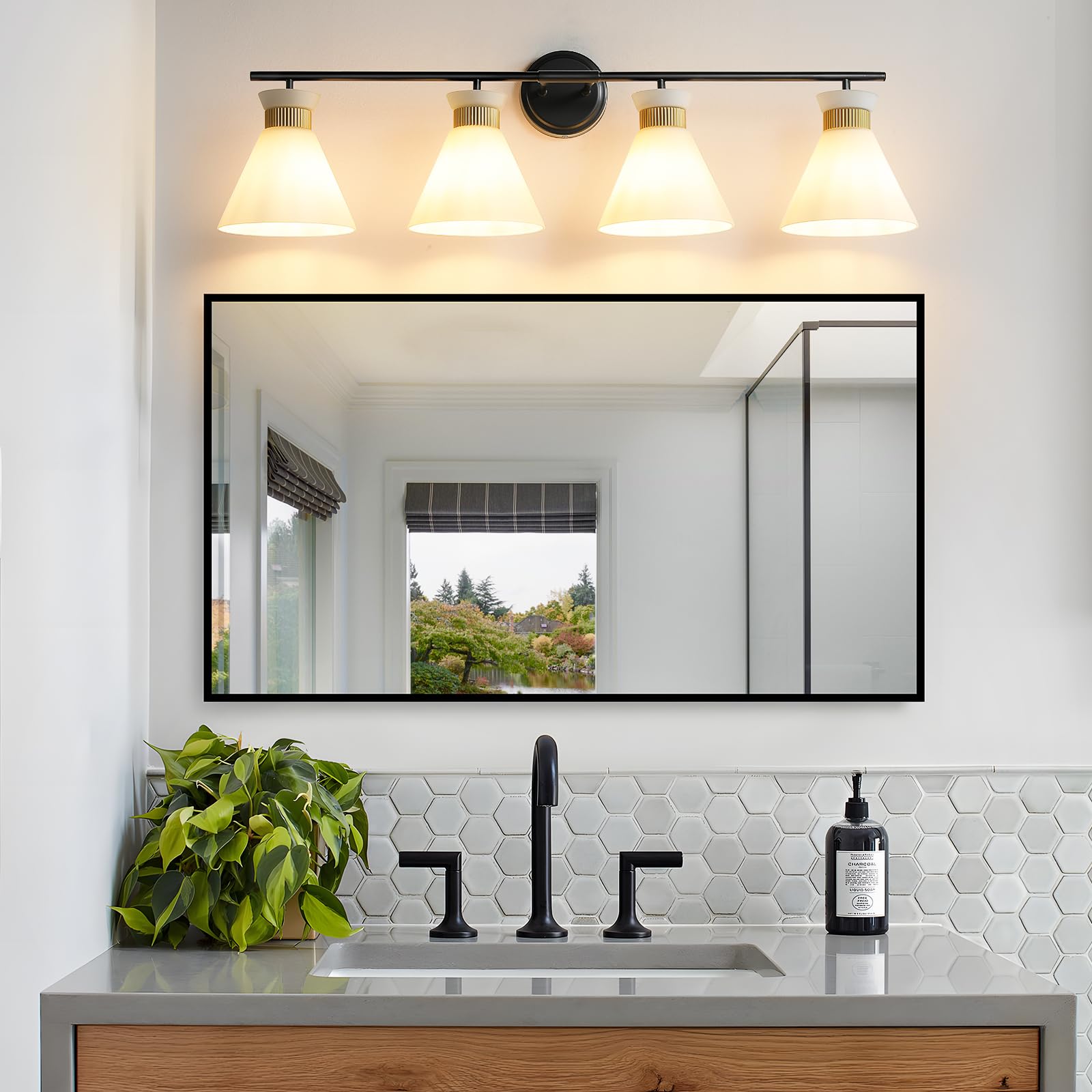 WOSHITU Bathroom Vanity Light Fixtures: 4-Light Mid Century Modern Vanity Lights for Bathroom Over Mirror, Black and Gold Wall S