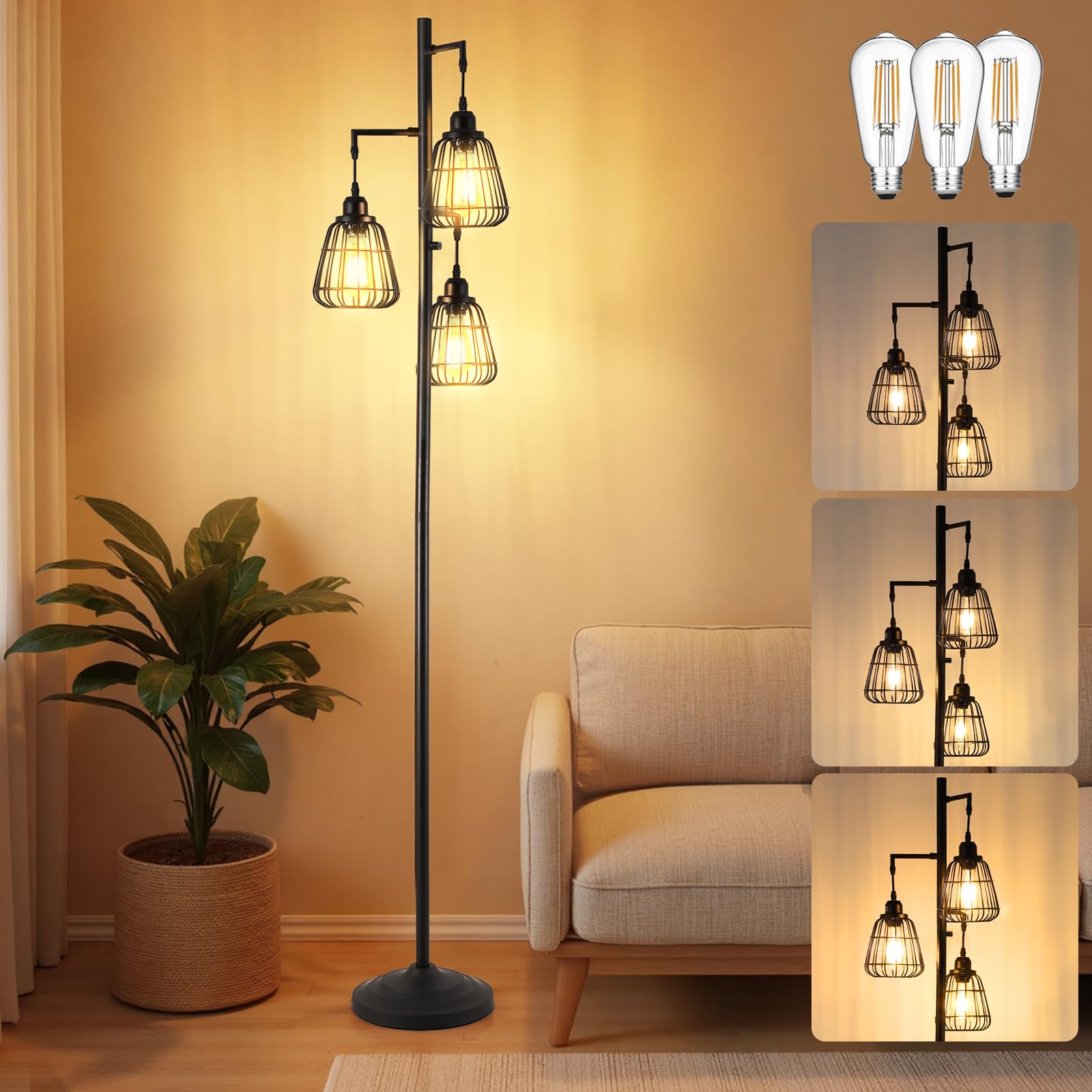 3WWWUEE Black Dimmable 70 Floor Lamp for Living Room Farmhouse 3-Light Tall Lamp with Bird Caged Lampshade Bedroom Floor Tree 