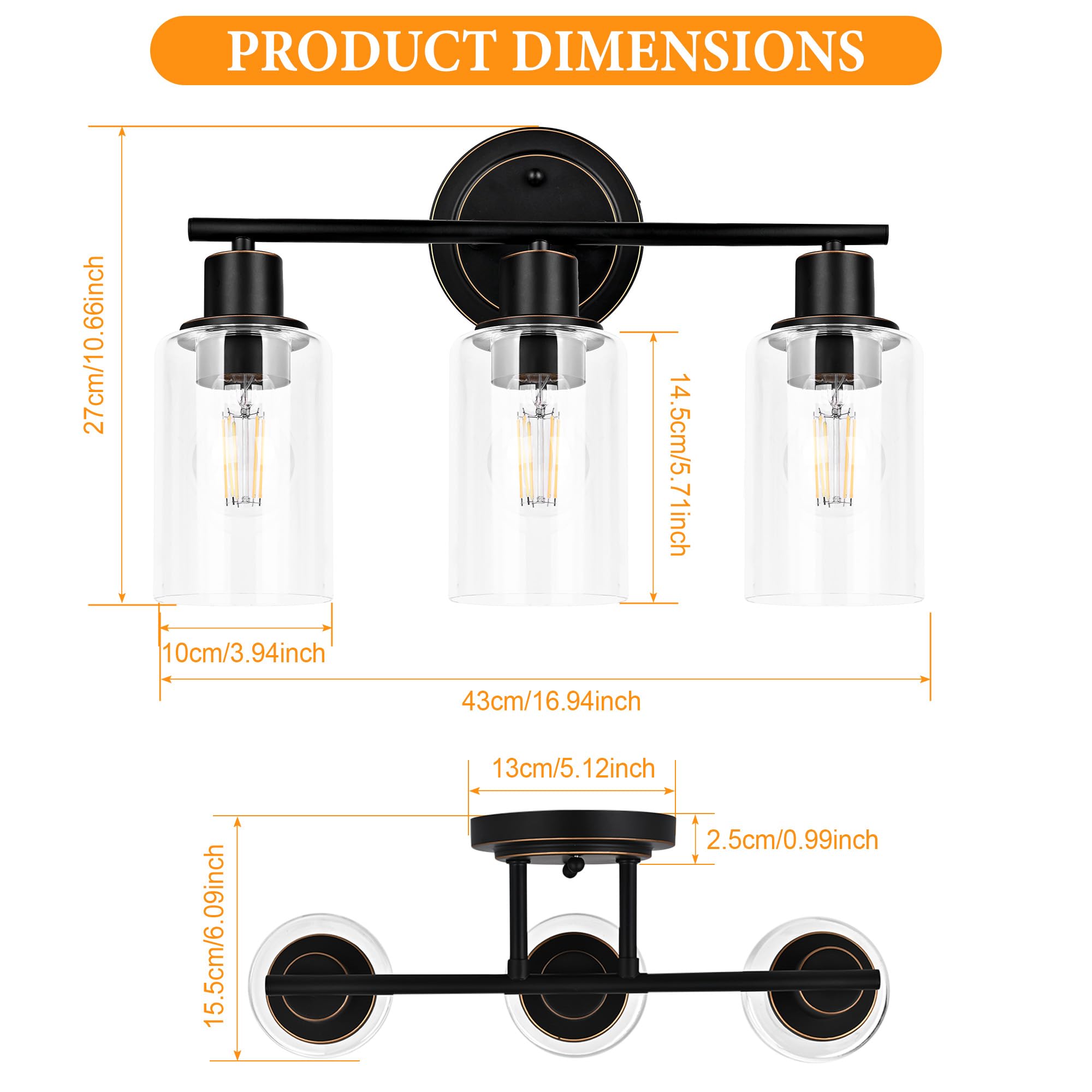 Faymart 3-Light Oil Rubbed Bronze Bathroom Vanity Light Fixture Over Mirror, Glass & Metal