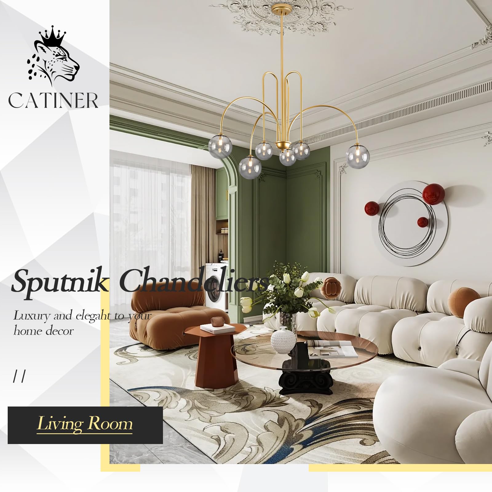 CATINER Modern Gold Chandelier, 6-Light Sputnik, Smoke Glass Globe Shades, L40”, Mid Century Ceiling Pendant for Living Room, Foyer, Bedroom
