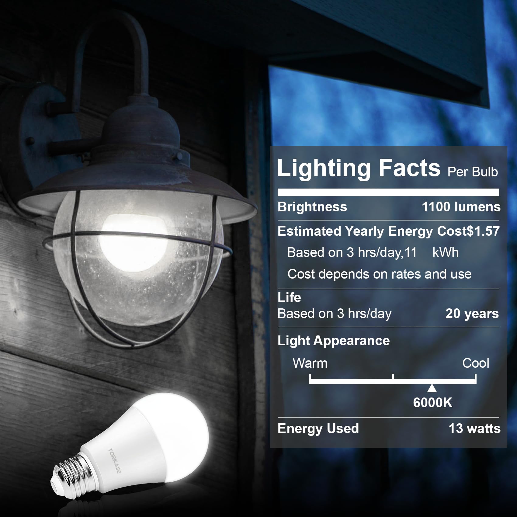 Torkase Outdoor Dusk To Dawn Light Bulbs, Smart Sensor Led Lighting Bulb 13W(100W Equivalent), E26 6000K,6 Pack Built-In Photocell Detector, Automatic On/Off,For Porch Hallway Garage Boundary