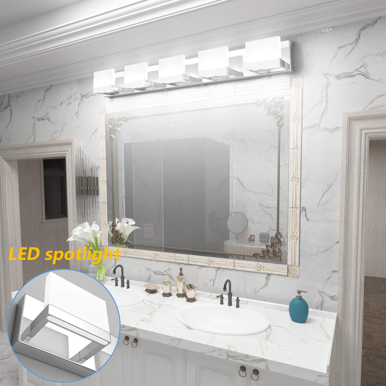 Tipace Chrome 5 Lights Modern Vanity Light Fixture - Stainless Steel, Up and Down LED, 6000K White Light for Bathroom Mirror