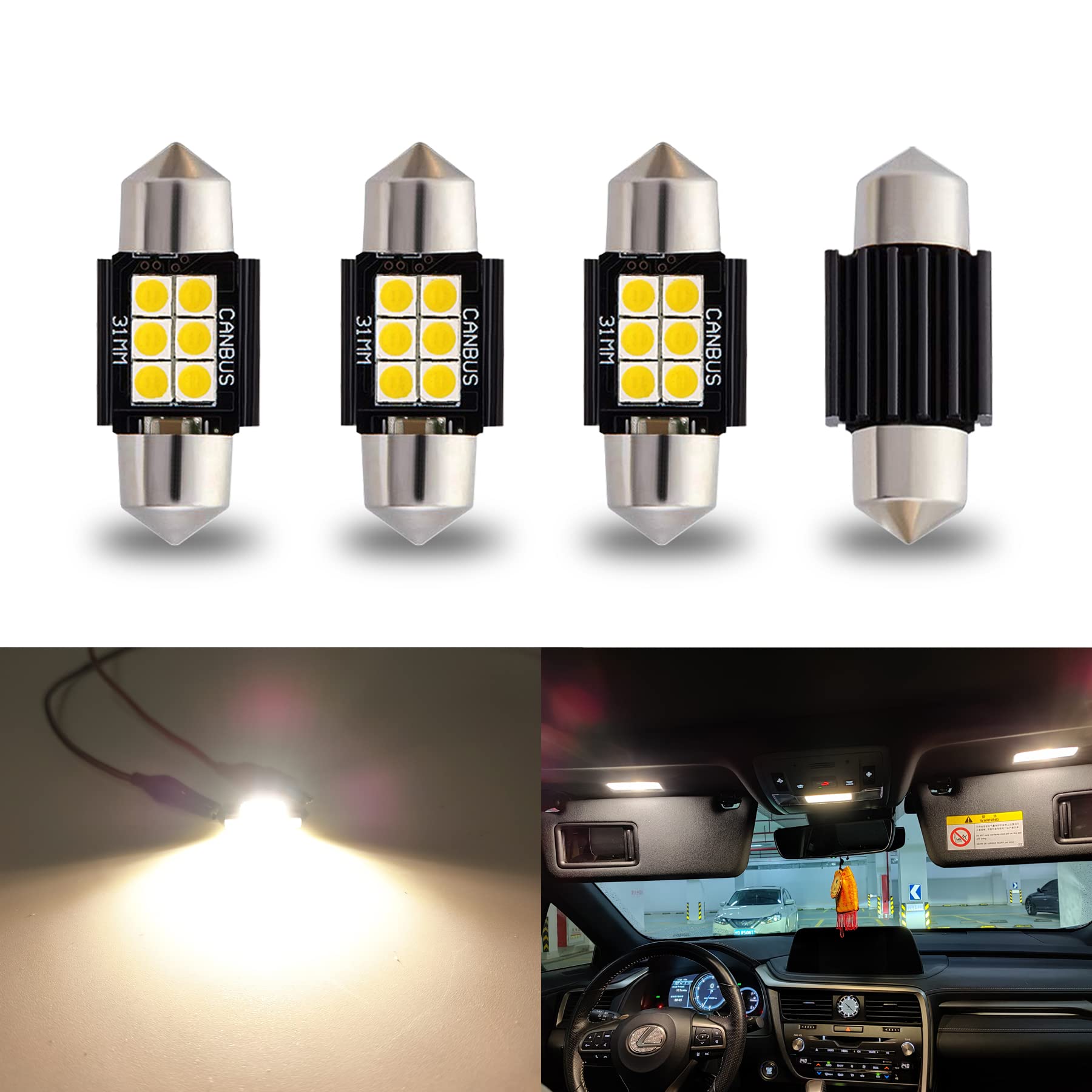 iBrightstar Festoon LED Bulbs 9-30V Warm White 4500K 31mm for Interior Dome and License Plate Lights
