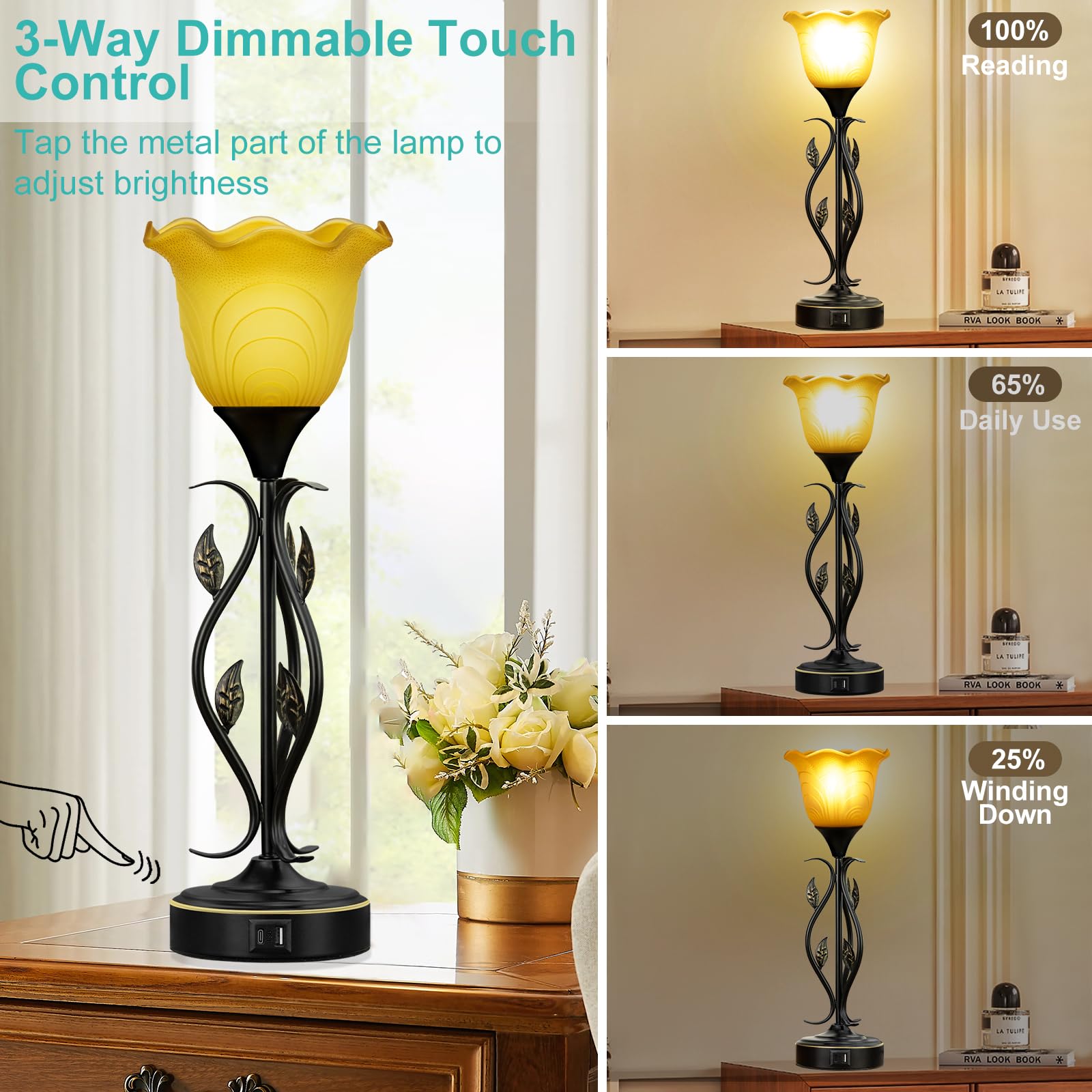 20'' Table Lamps For Living Room - Set Of 2 Touch Bedside Lamps With Usb C Ports, Leafy Vines Amber Flower Shade, Torchiere Desi