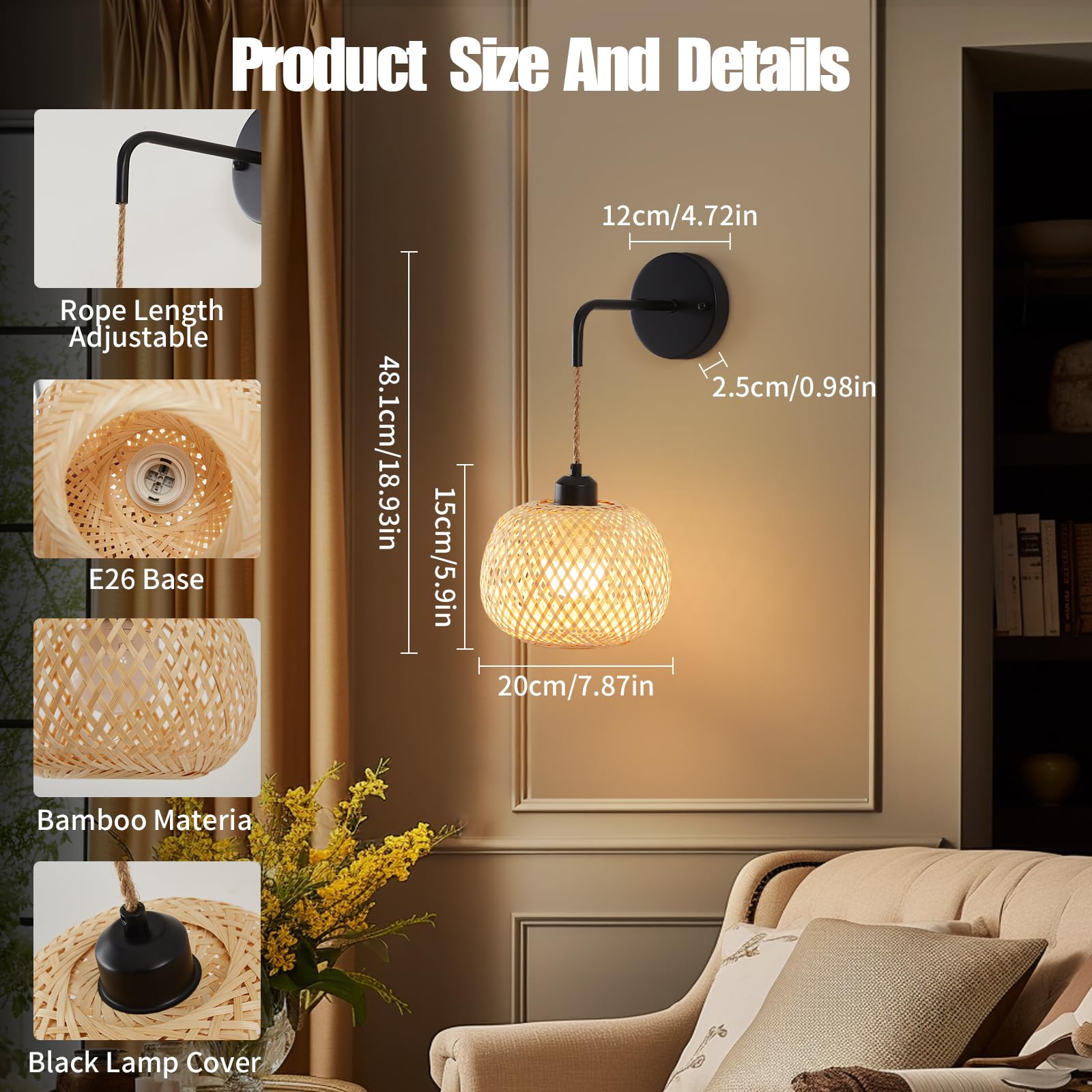 Vitnucrol Battery Operated Wall Sconce Set Of Two, Bamboo Rechargeable Wireless Sconces With Remote, Dimmable Non-Hardwired Farmhouse Boho Wall Lights For Bedroom Living Room (Black)