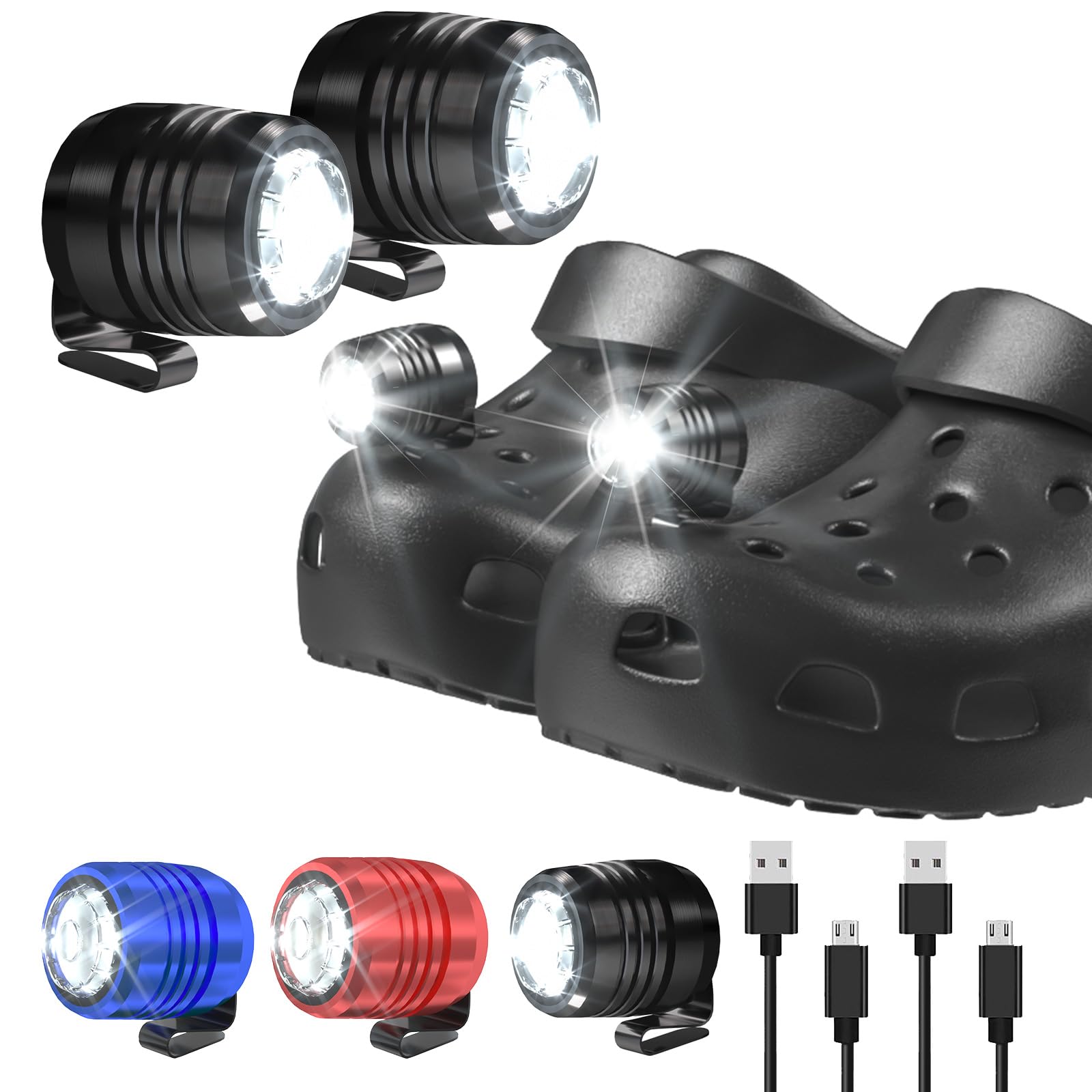 AUKSKY Rechargeable Headlights for Shoes, Clip-on Clog Light, Black, R LED, Compatible with Kids and mature-themeds Sandals