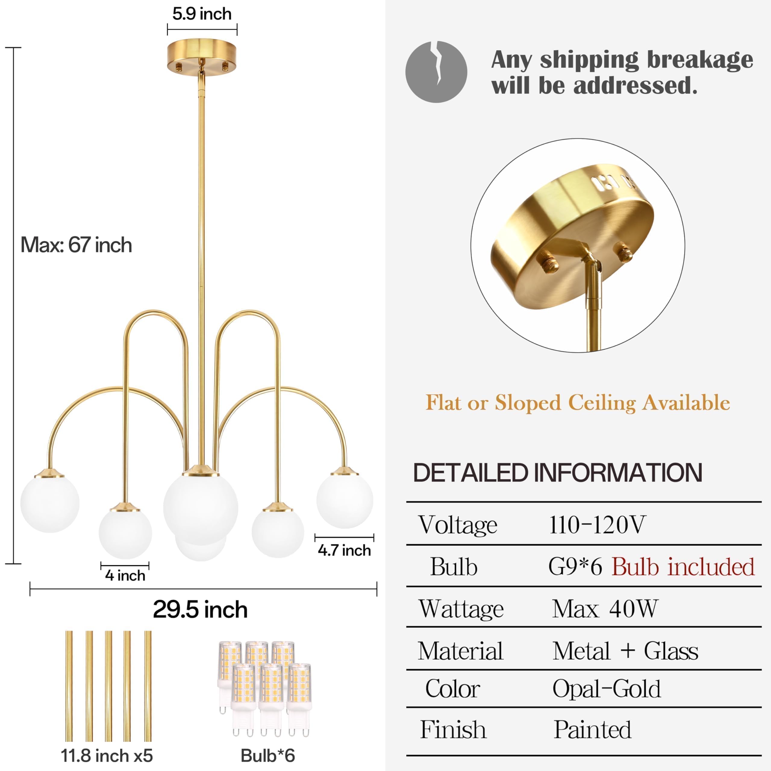 Bagood 6-Light Sputnik Chandelier, Opal Gold, Metal, 29.5" Dimmable with Milk Glass Shade, Model DGQ-U06-NJ