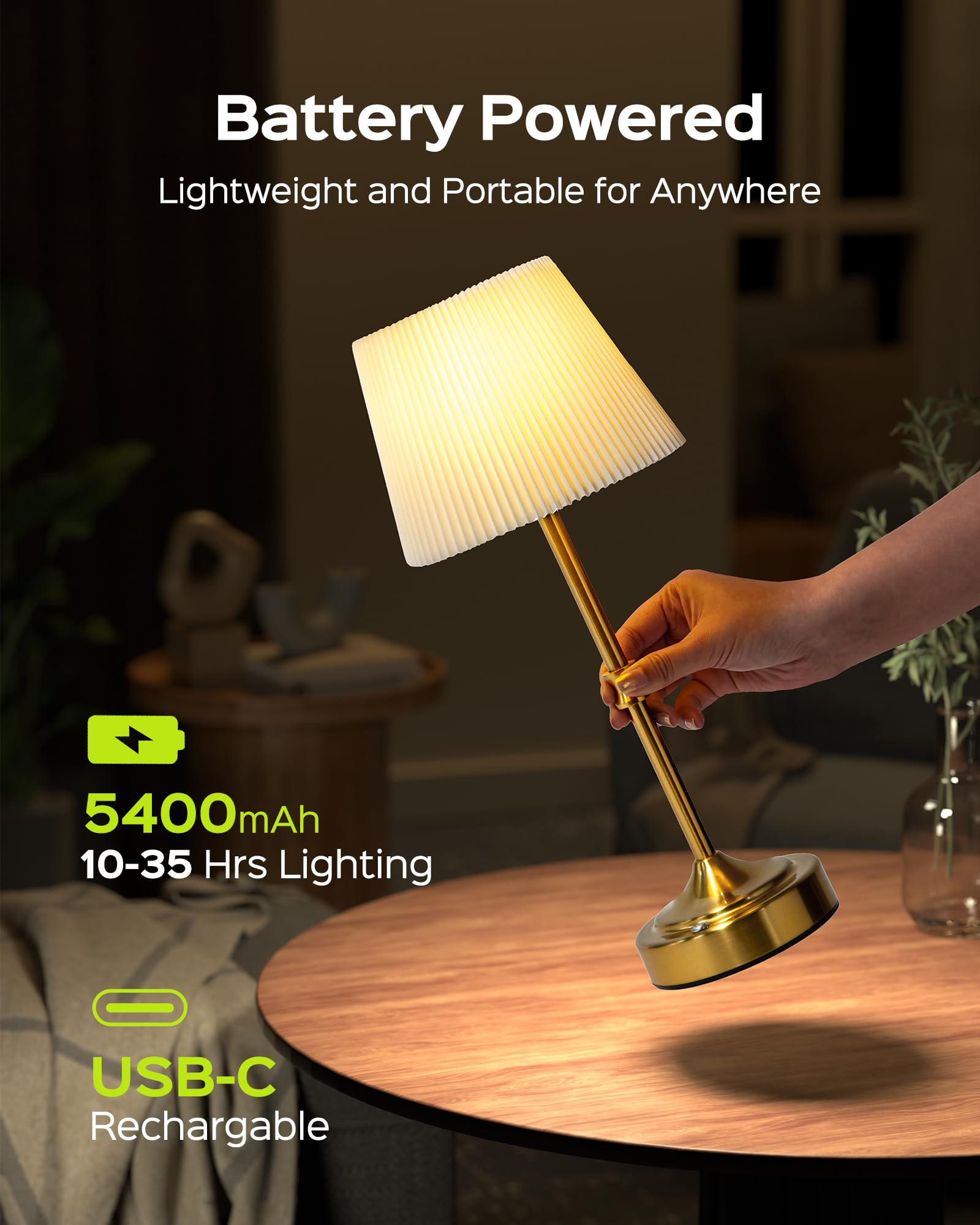 Cordless Table Lamp Portable, 3 Light Colors & Brightness Adjustable , 5400Mah Battery Operated Rechargeable, Wireless Lamp For