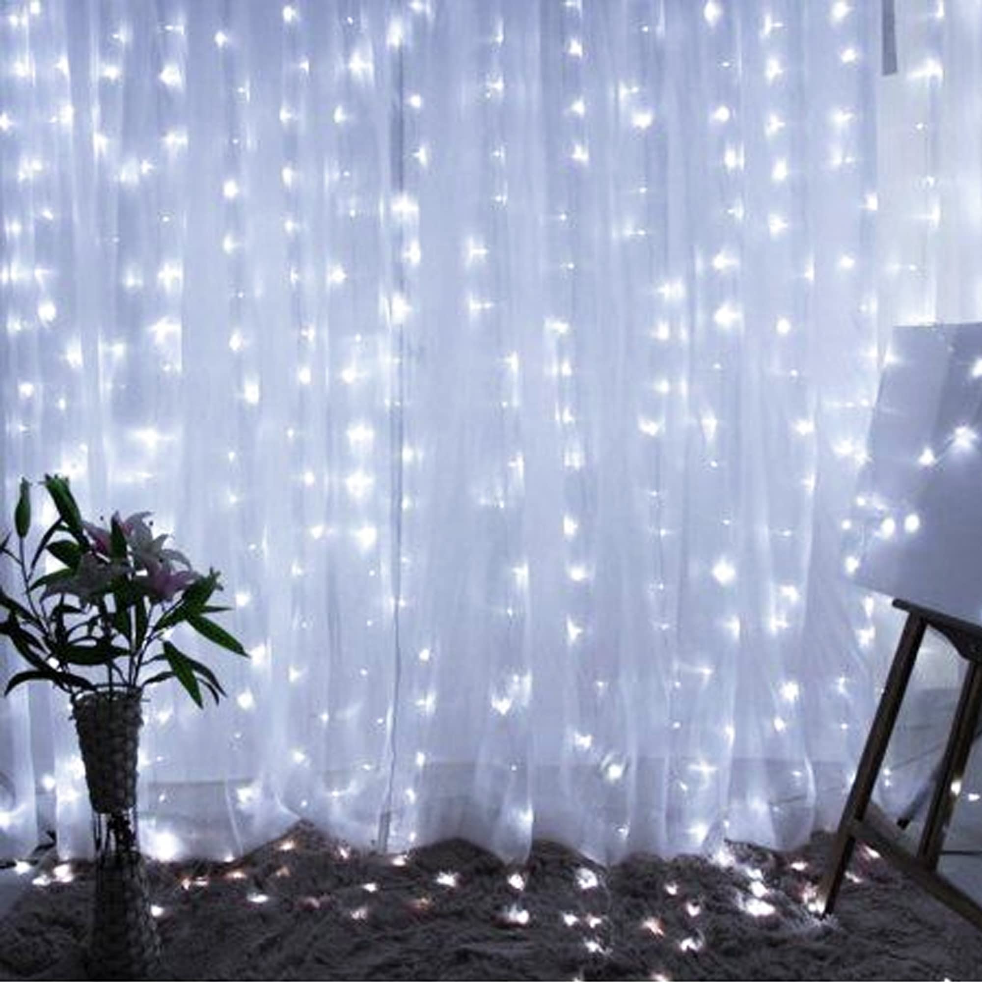 Dazzle Bright Curtain String Lights, 300 LED, 9.8ft x 9.8ft, USB Powered, Waterproof, White, 8 Lighting Modes, Indoor/Outdoor Decorations