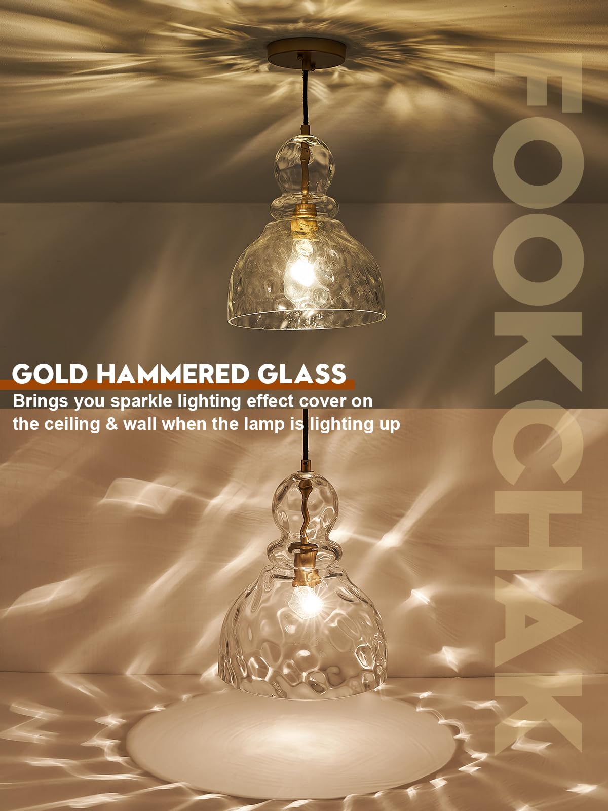 FookChak 10in Gold Hammered Glass Pendant Light, E26 Ceiling Fixture for Kitchen Island, Sink, Bedroom, Hallway, Model 08G