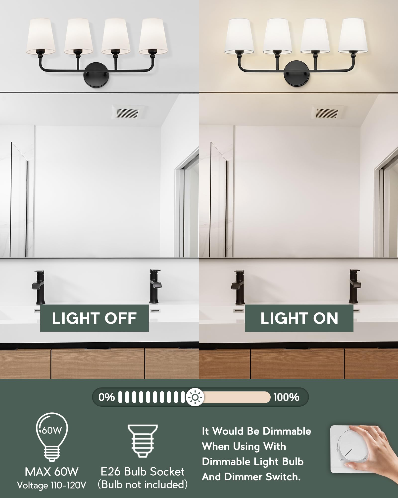 Metwet Bathroom Light Fixtures, 4 Light Matte Black Vanity Lights With Flared White Fabric Shade, 28 Inch Wall Sconce, Modern Sc