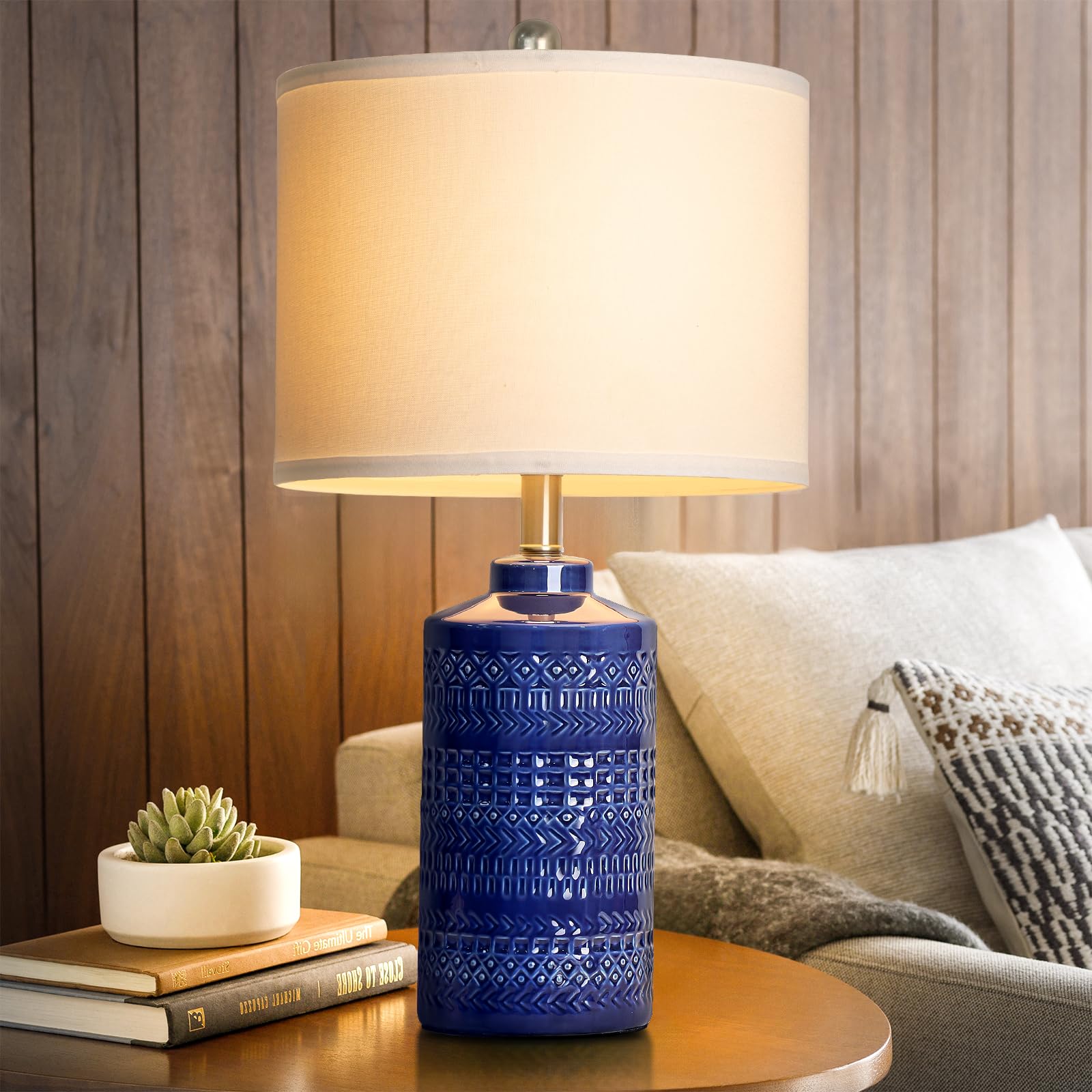 JUNNAI 24.5" Navy Blue Table Lamp - Modern Ceramic 3-Way Dimmable Bedside Light for Living Room, Nightstand, Home Office, Bulb Included