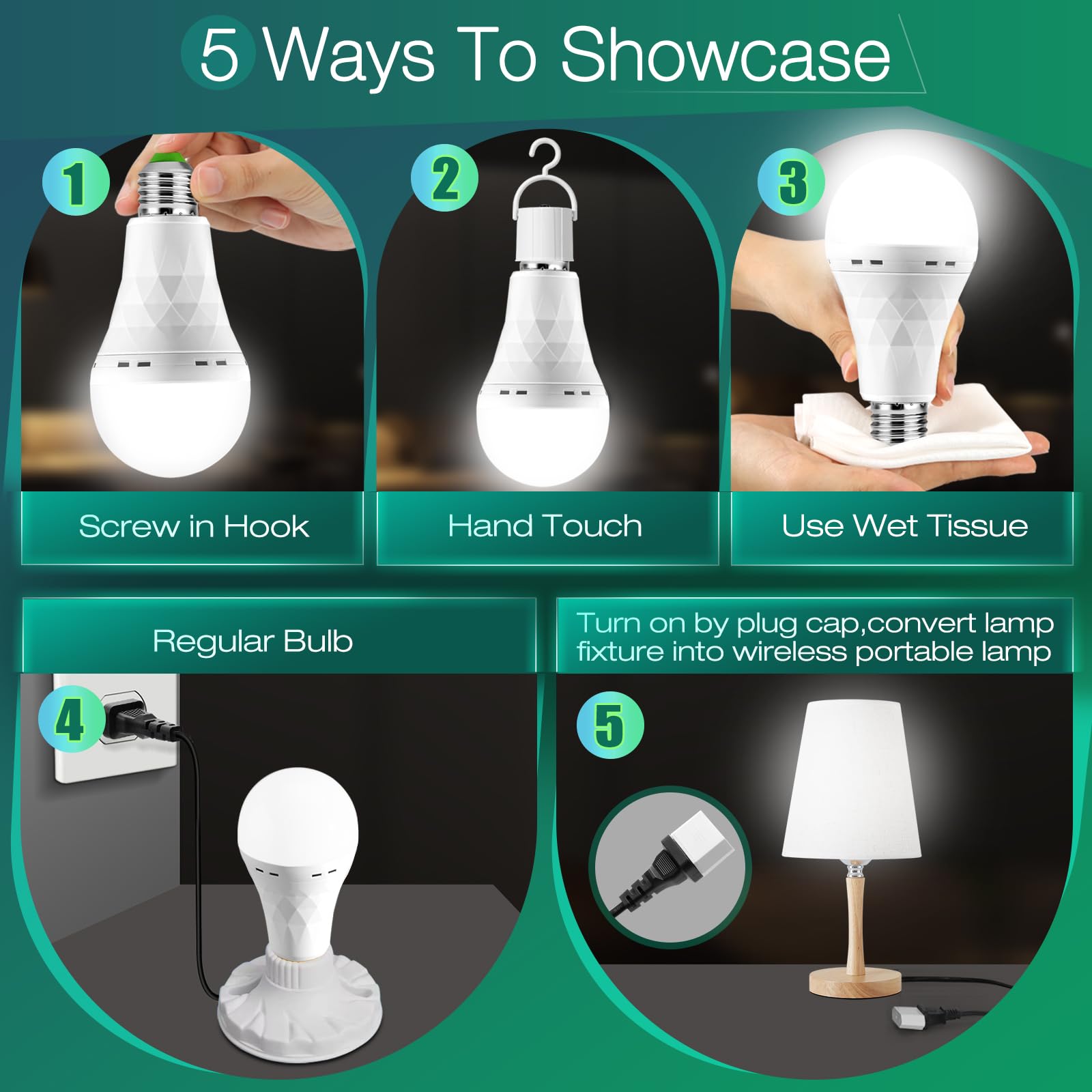 MOSLIAN Emergency Rechargeable Light Bulb, 12W LED, 1500mAh, E27, White, with Hook, 4 Pack