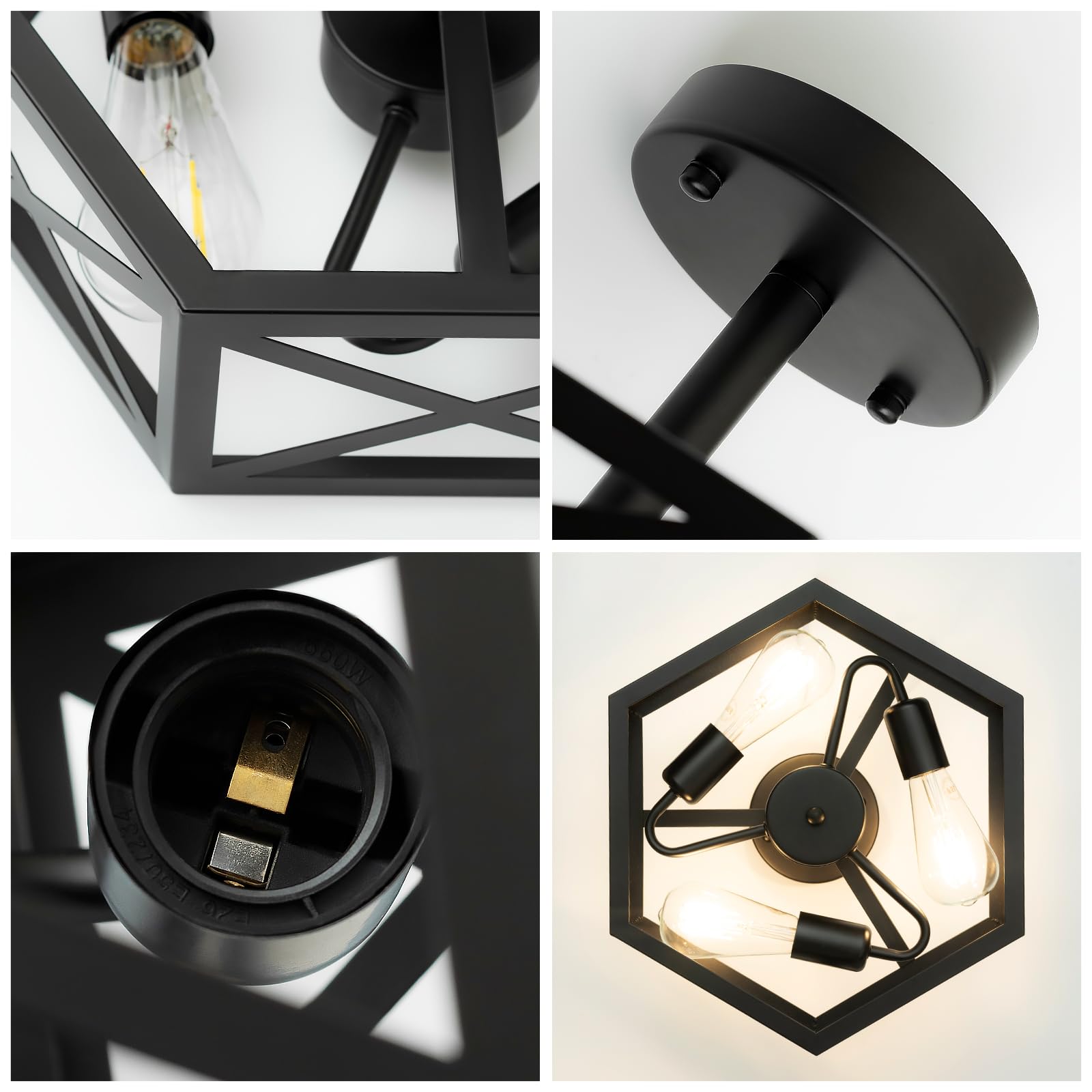 Oteedo Modern Semi Flush Mount Ceiling Light 3-Light Hexagon Flush Mount Ceiling Lights For Dining Room Light Fixture Farmhouse Black Metal Kitchen Island Lighting Fixtures For Hallway Bathroom