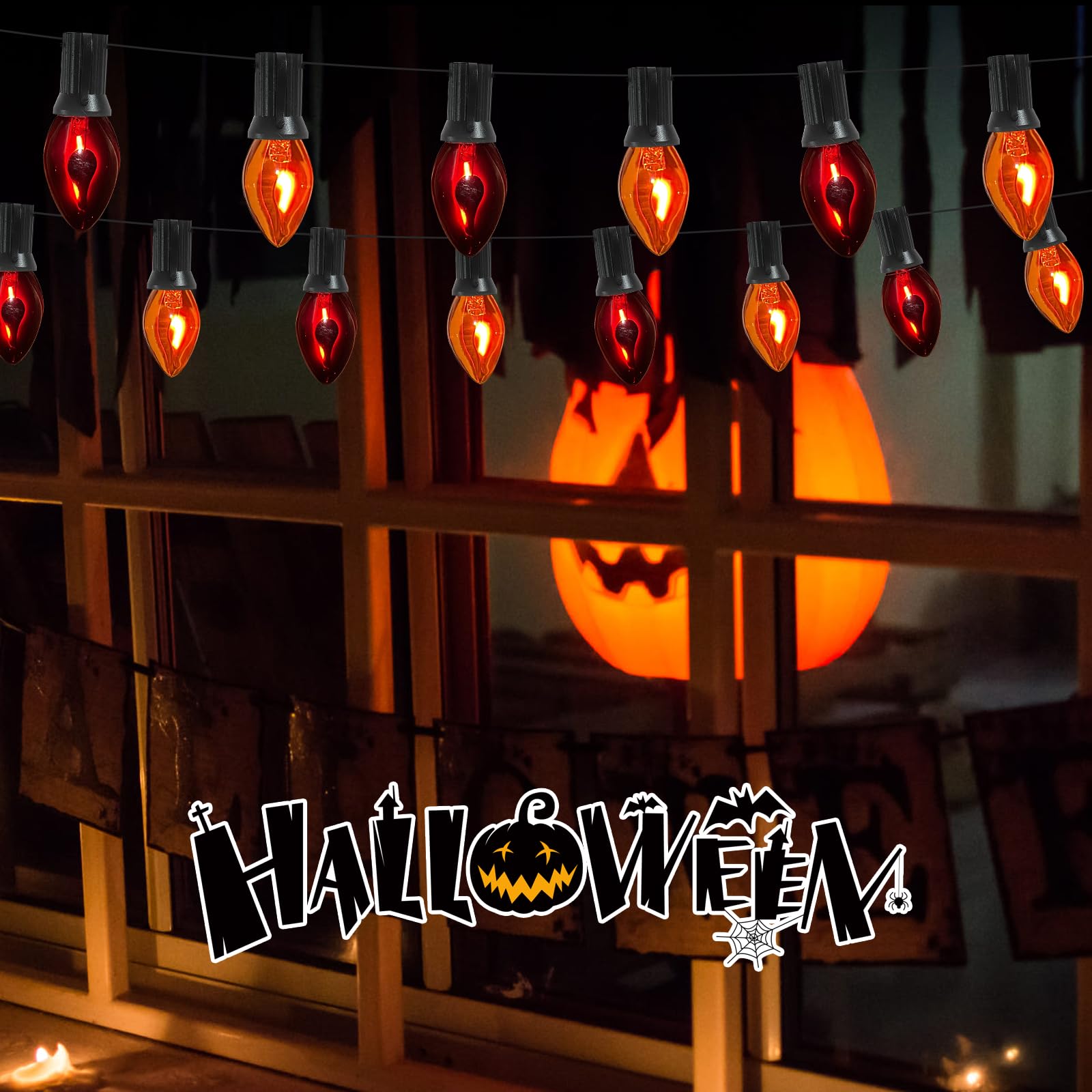 Doratale Halloween C7 String Lights, 25FT, Waterproof, 27 Flame Bulbs, Orange/Purple Flame, Ideal for Outdoor Party Decor