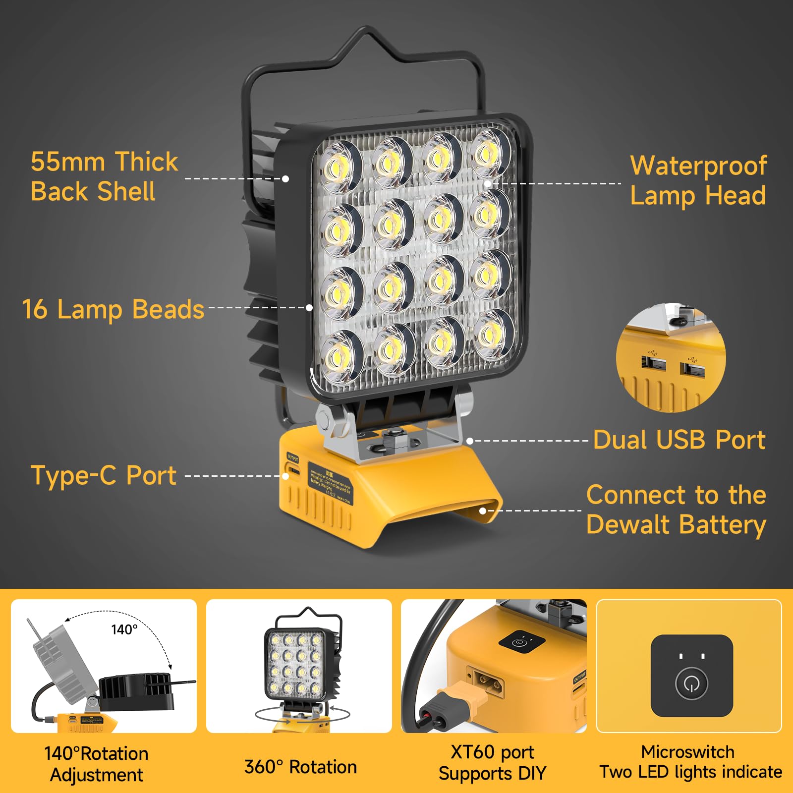 Azocek New Upgrade Led Work Light Compatible With Dewalt 20V Battery, 48W 4800Lm Flashlight, 20V Battery Cordless Work Light Wit