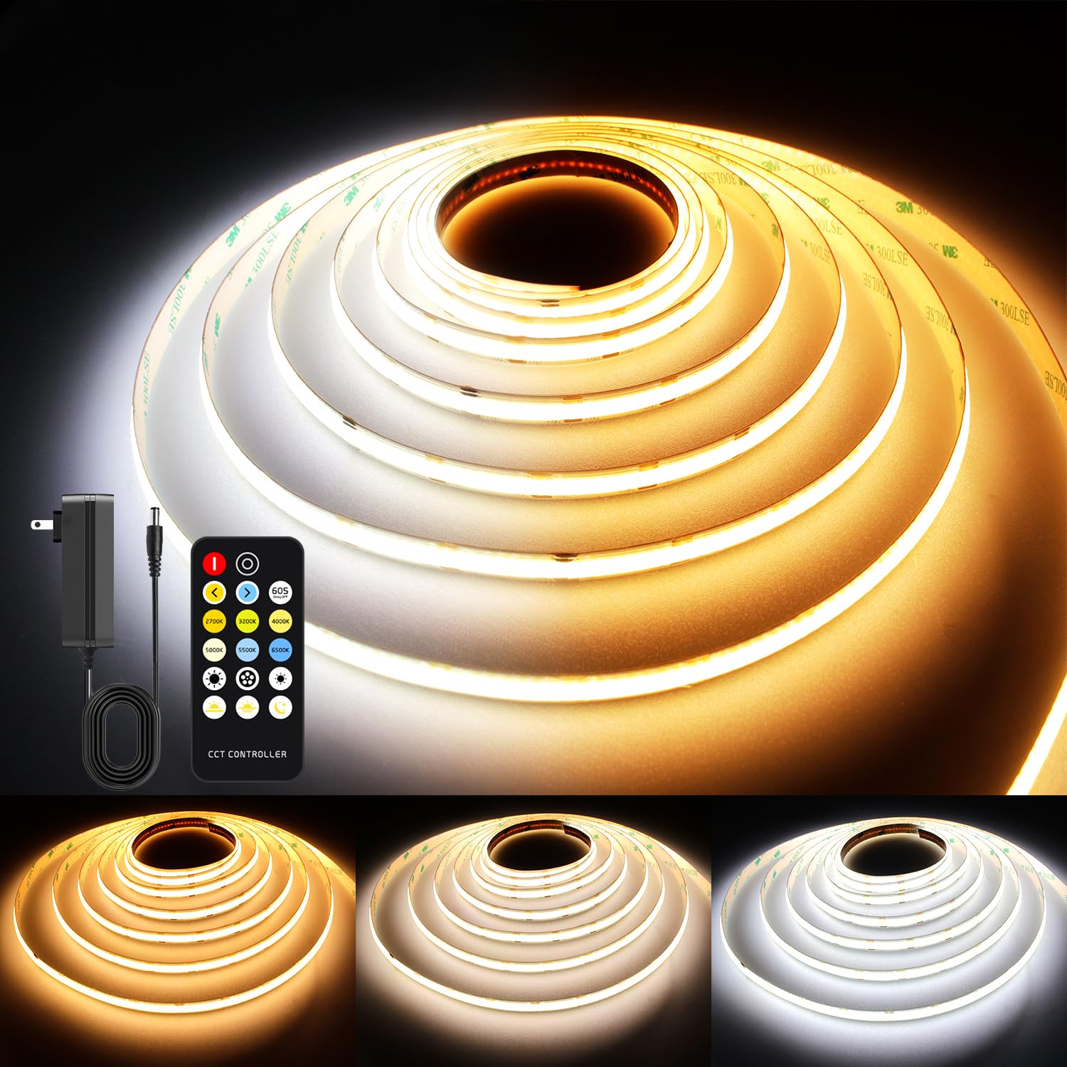 Cct Cob Led Strip Lights 24.6Ft Dimmable 2700K-6500K 24V Tunable White Led Light Strip Kit  High Density Cri 90+ Led Strips With Remote Controller And Power Supply  For Bedroom Kitchen Home Lighting