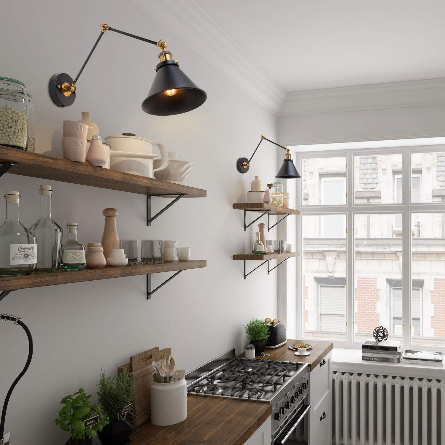 Lnc Black Wall Sconces, Swing Arm Wall Lamp With Antique Brass Finish, Adjustable Plug-In Or Hardwire Light Fixture